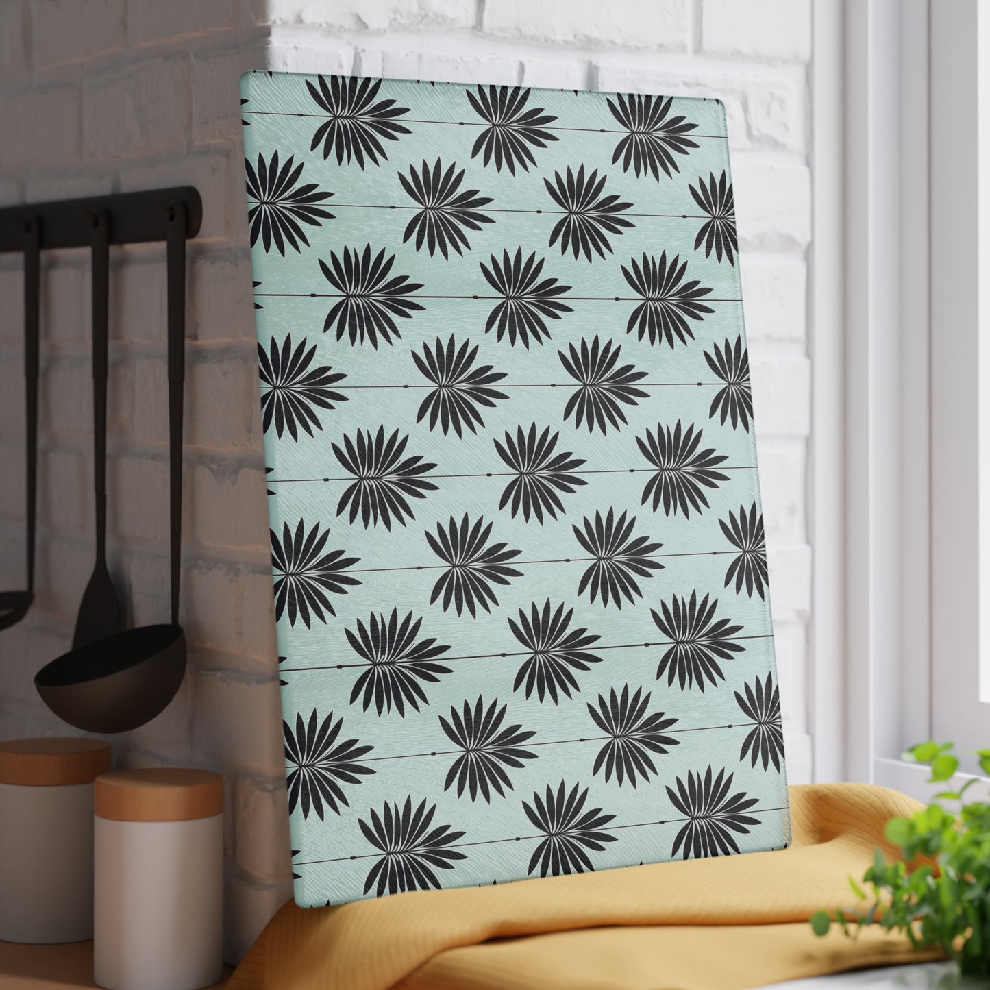 Palm Leaf Glass Cutting Board — Modern Mint Patterned Kitchen Board