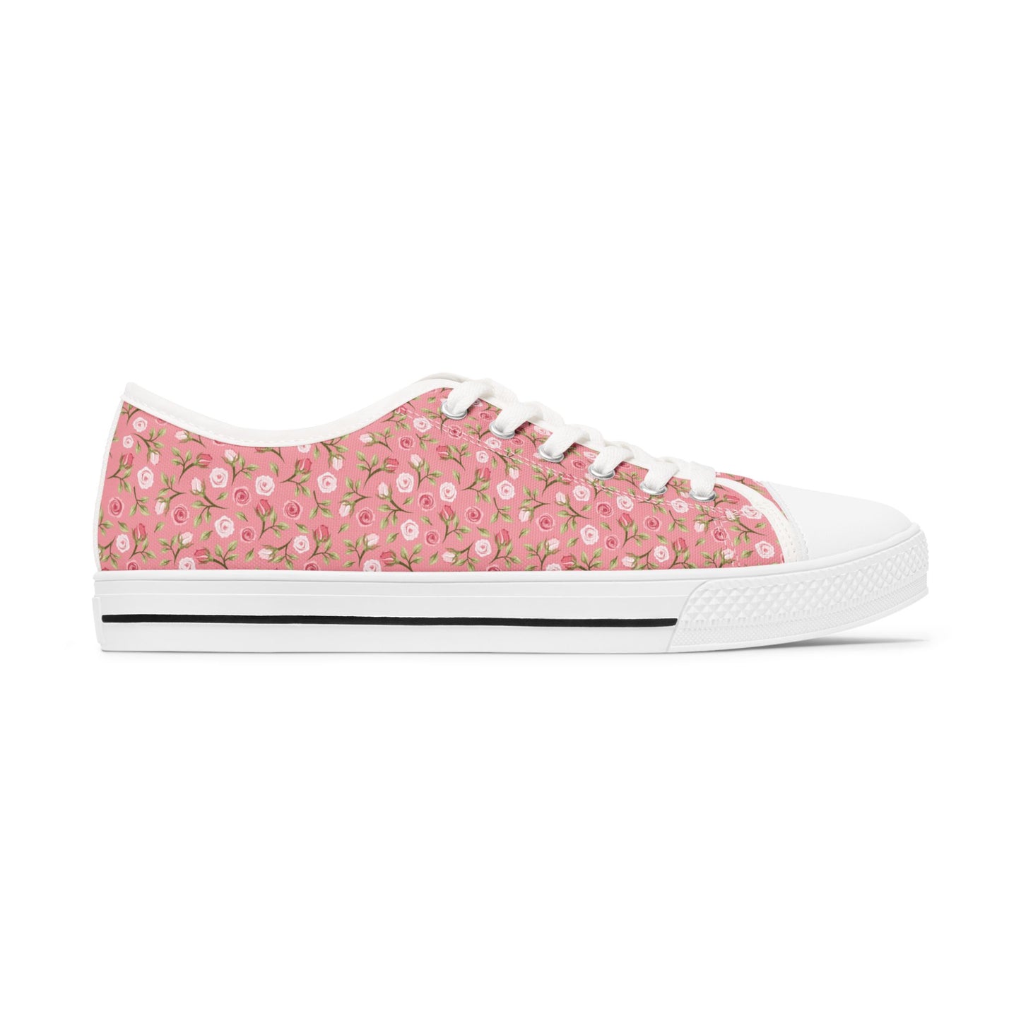 Floral Pink Low Top Sneakers — Women's Cute Rose Pattern Canvas Shoes
