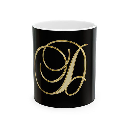 Monogram 'D' Gold Script Ceramic Mug — Elegant Initial Coffee Cup (11oz, 15oz)