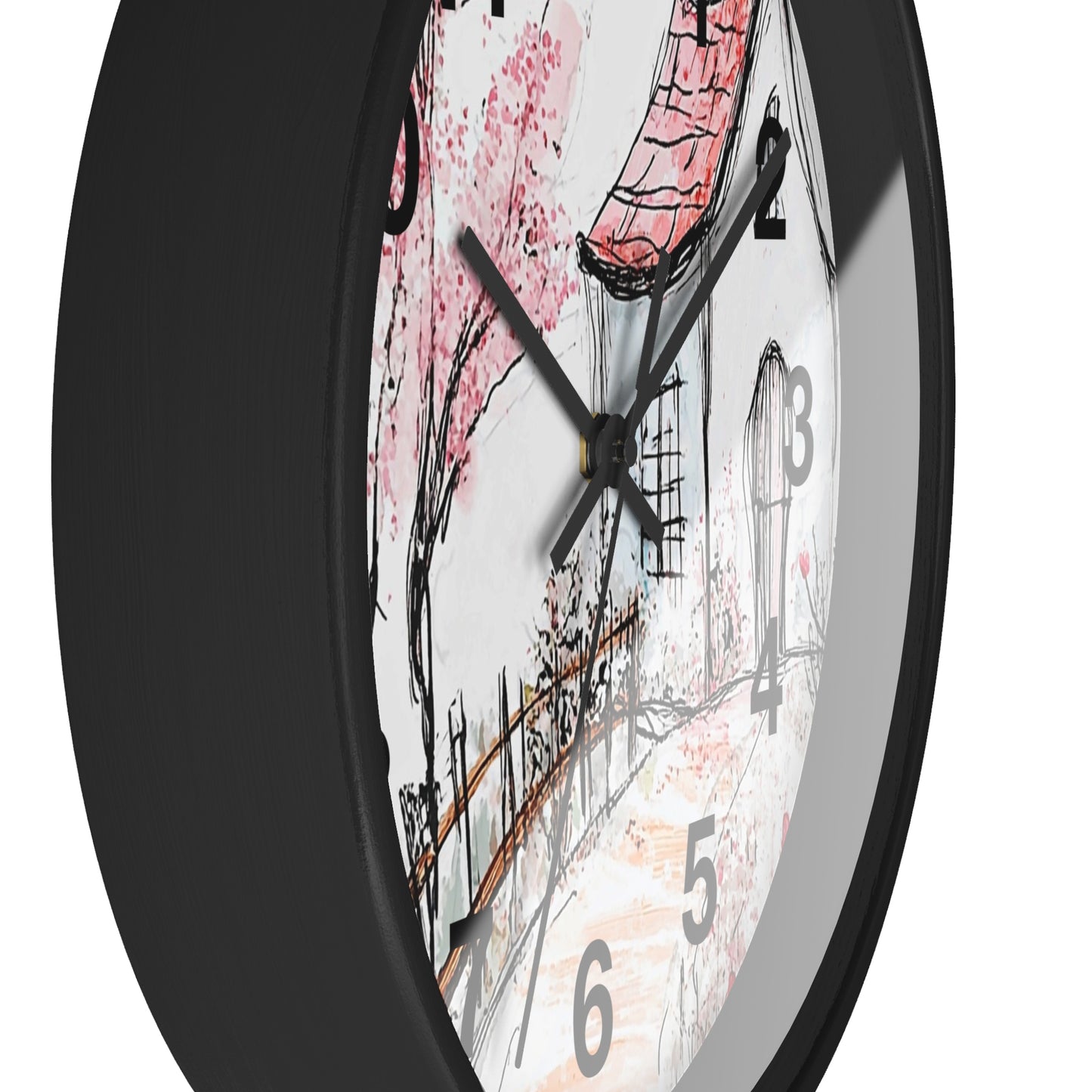 Cottage Garden Wall Clock — Hand-Drawn Pink Blossom Scene