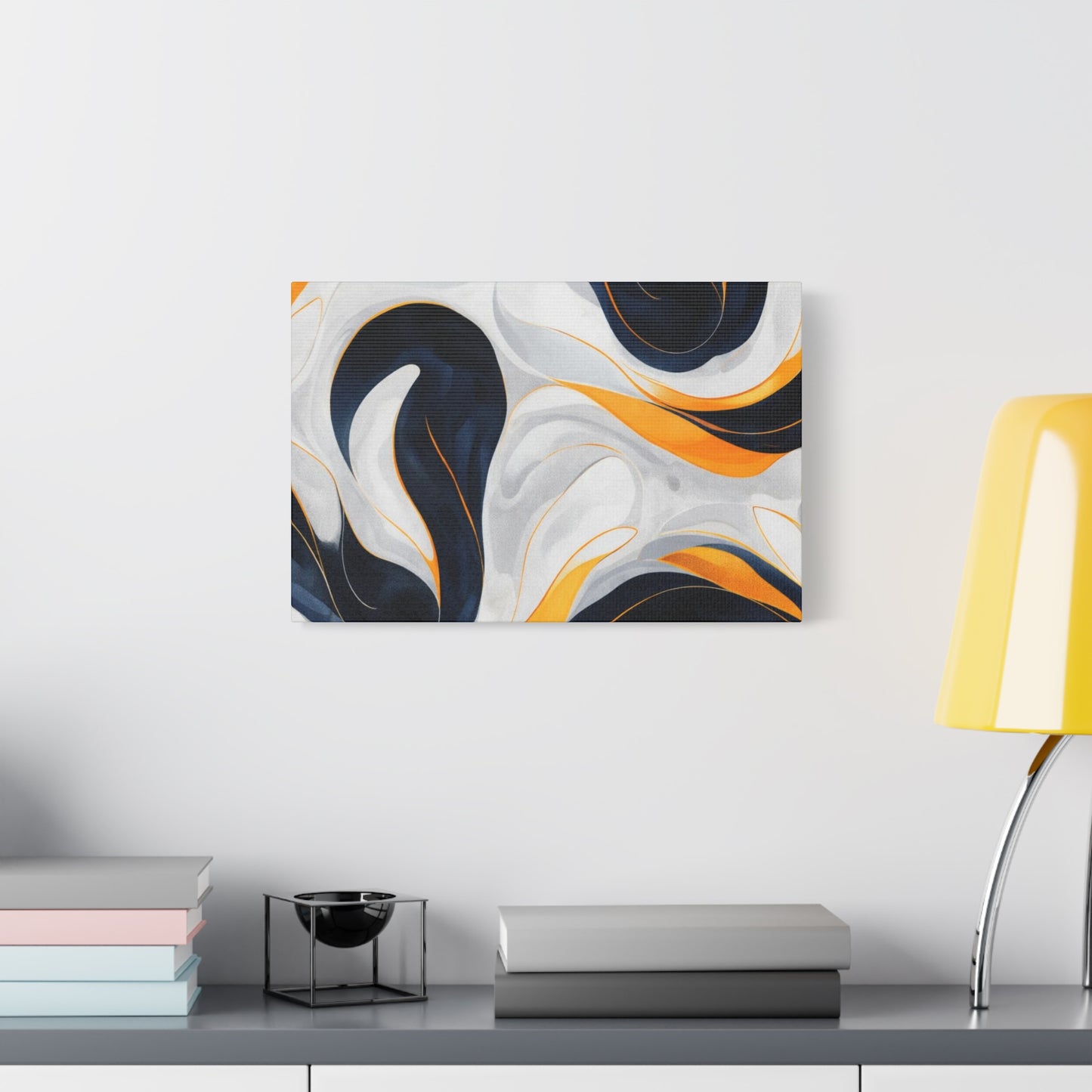 Abstract Fluid Art Matte Canvas Print — Navy, Gold & White Stretched Wall Art