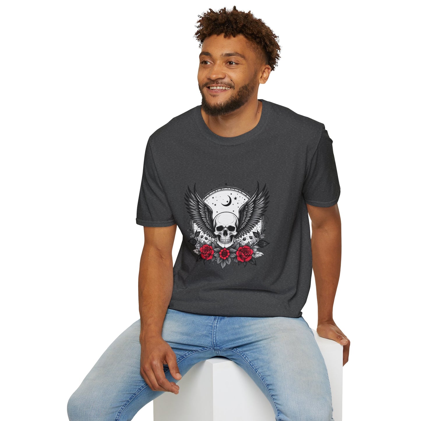Skull Wings T‑Shirt – Crescent Moon & Red Roses Gothic Graphic Tee