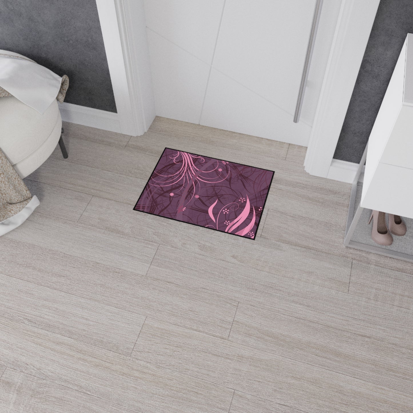 Floral Swirl Heavy-Duty Floor Mat — Pink Abstract Entry Rug