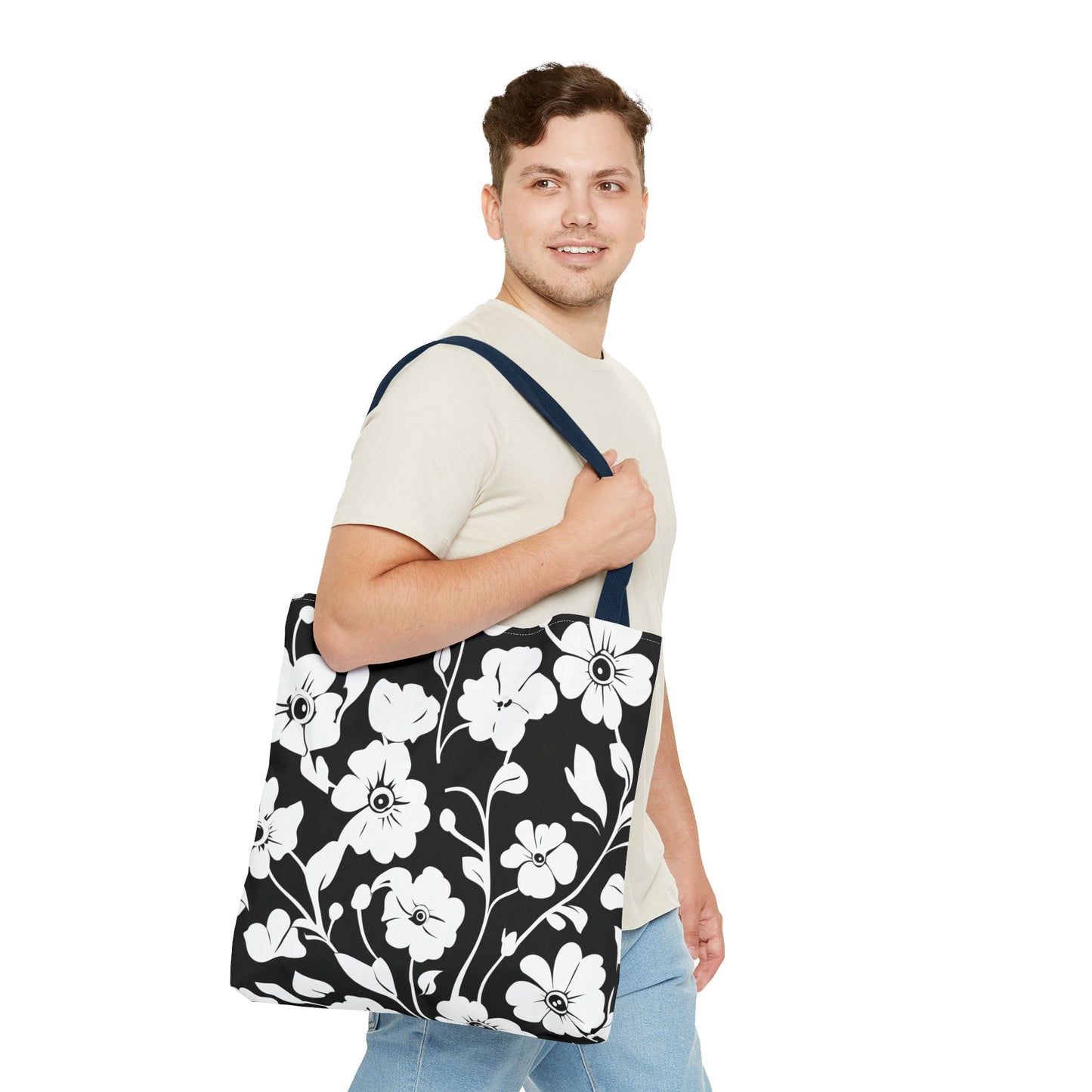 Elegant Floral Tote Bag, Black and White Tote, Eco-Friendly Shopping Bag