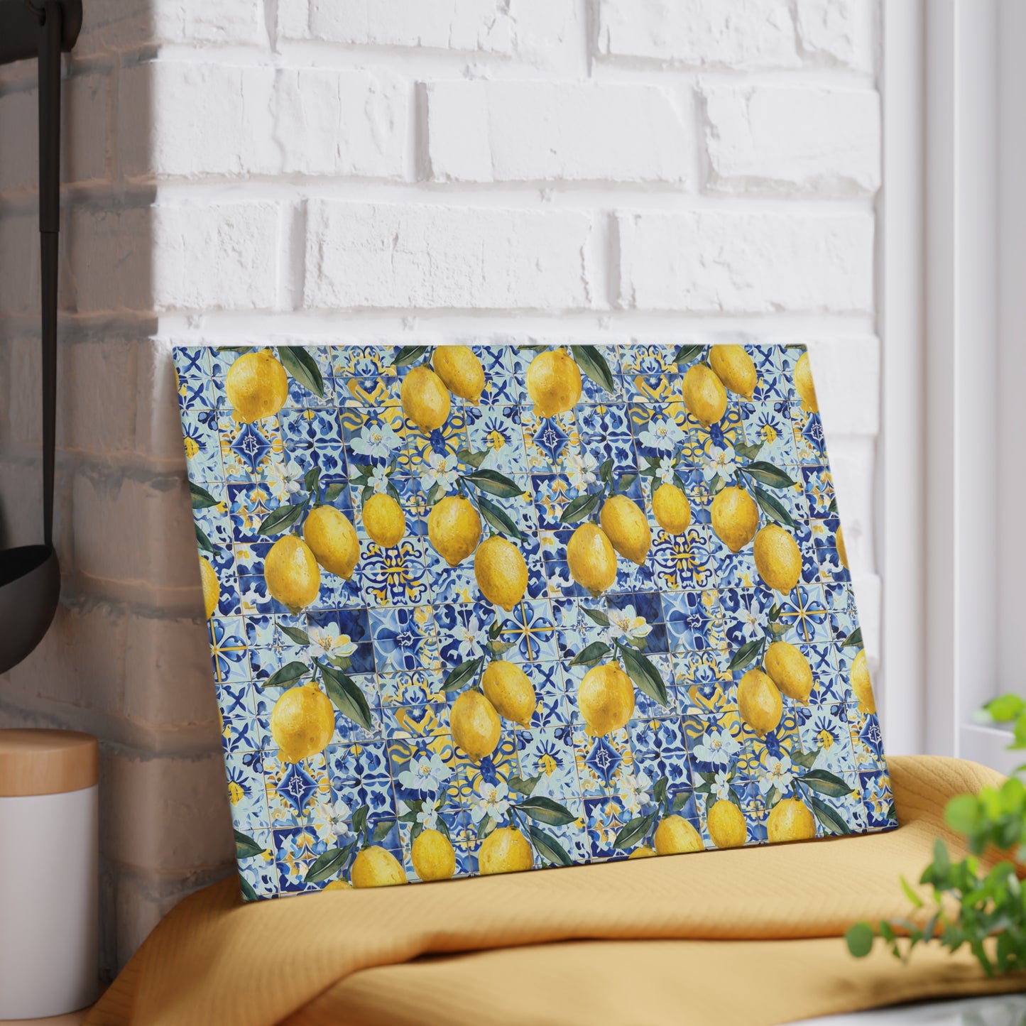 Lemon Tile Glass Cutting Board – Mediterranean Citrus Kitchen Decor