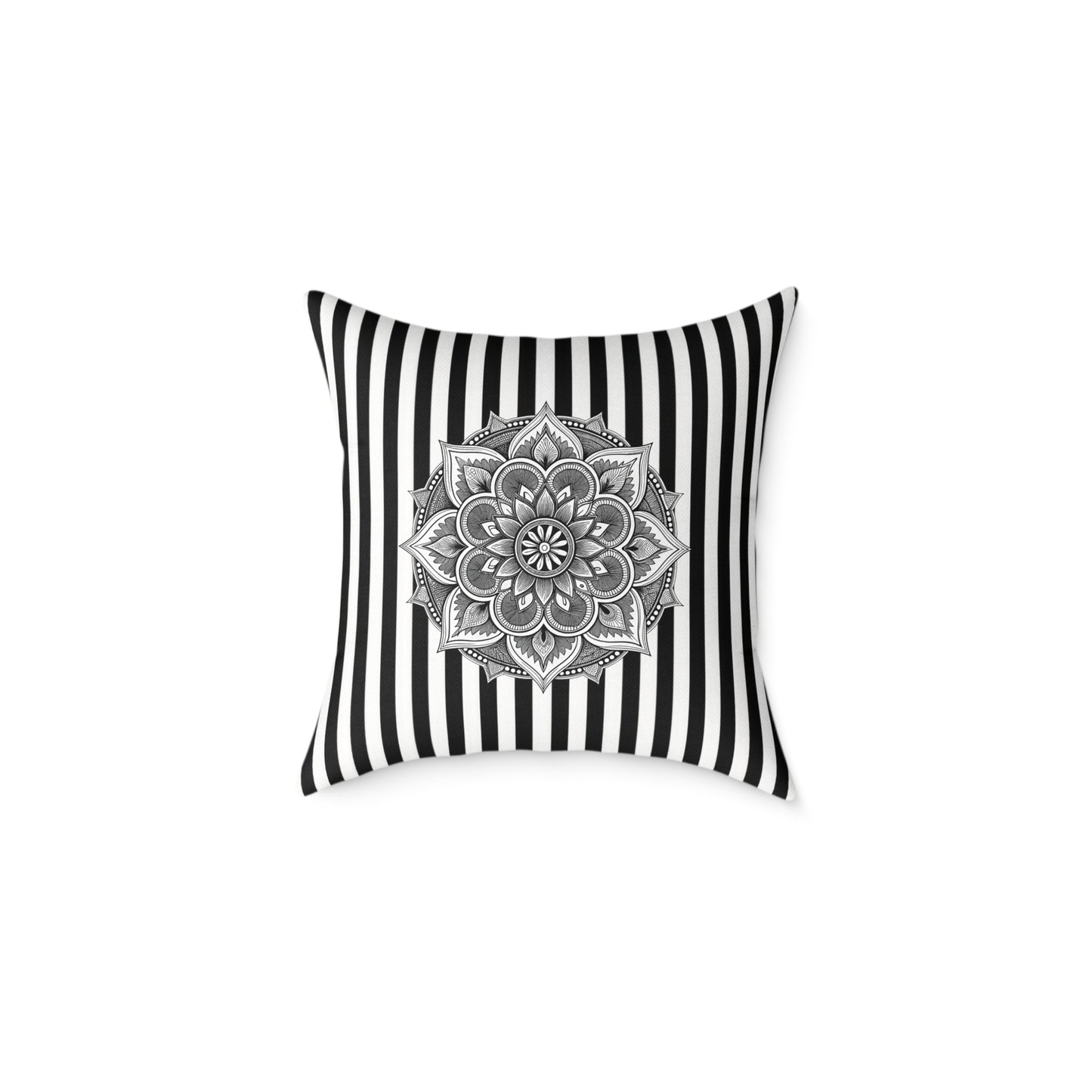 Boho Black & White Striped Mandala Pillow - Square Decorative Throw Cushion
