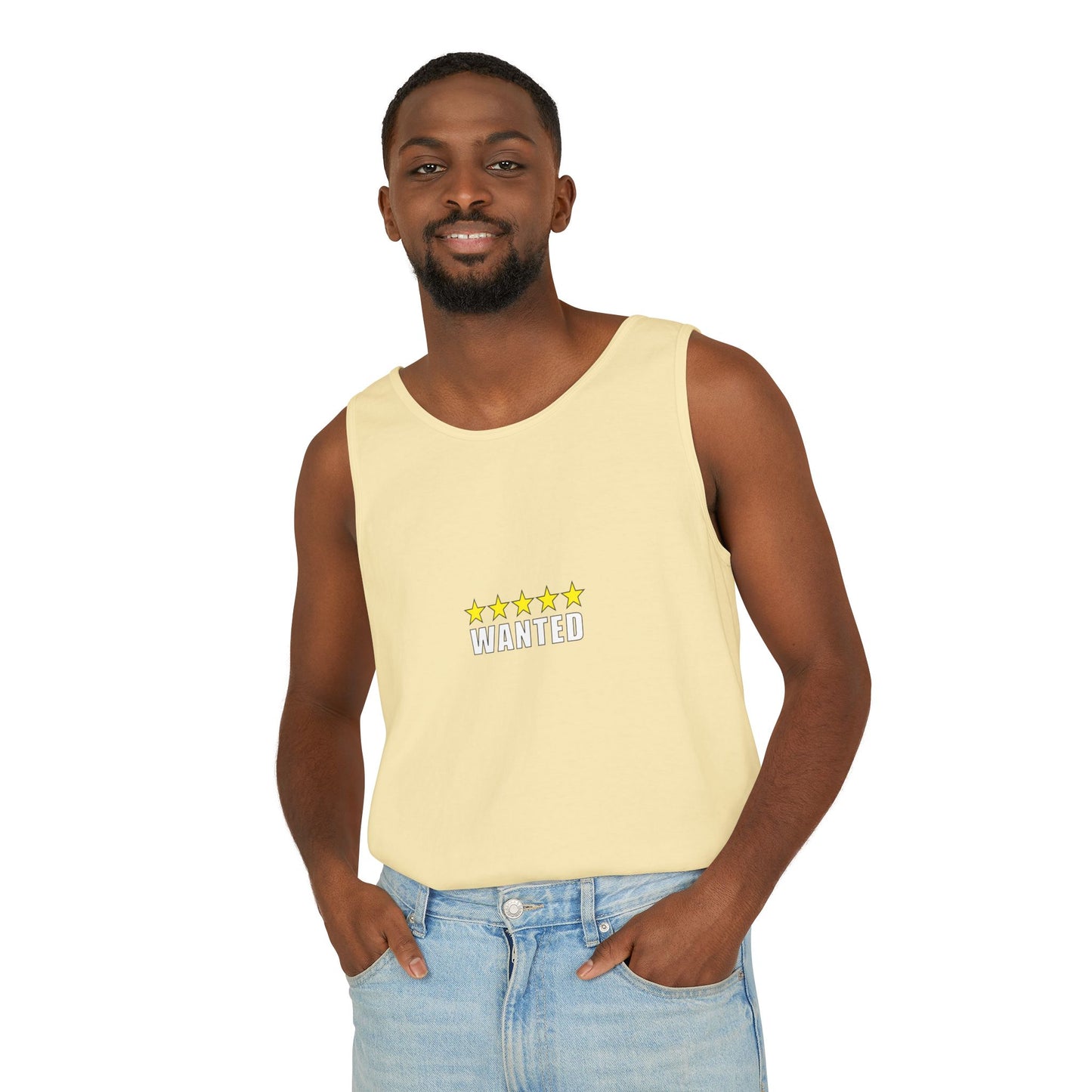 5-Star "WANTED" Garment-Dyed Tank Top, Unisex Summer Shirt, Gift for Him/Her, Trendy Casual Wear, Pool Party Outfit, Unique Graphic Tee
