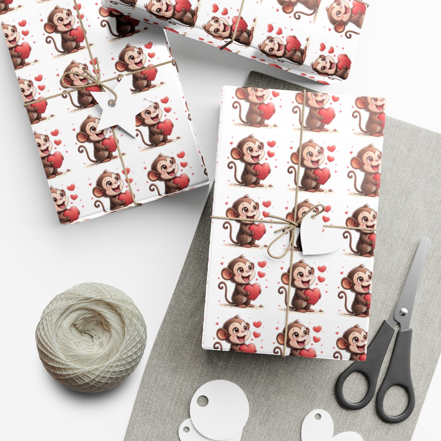 Cute Monkey Valentine's Gift Wrap Paper, Festive Wrapping Paper for Kids, Holiday Gift Wrap, Birthday Wrap, Monkey Love Print