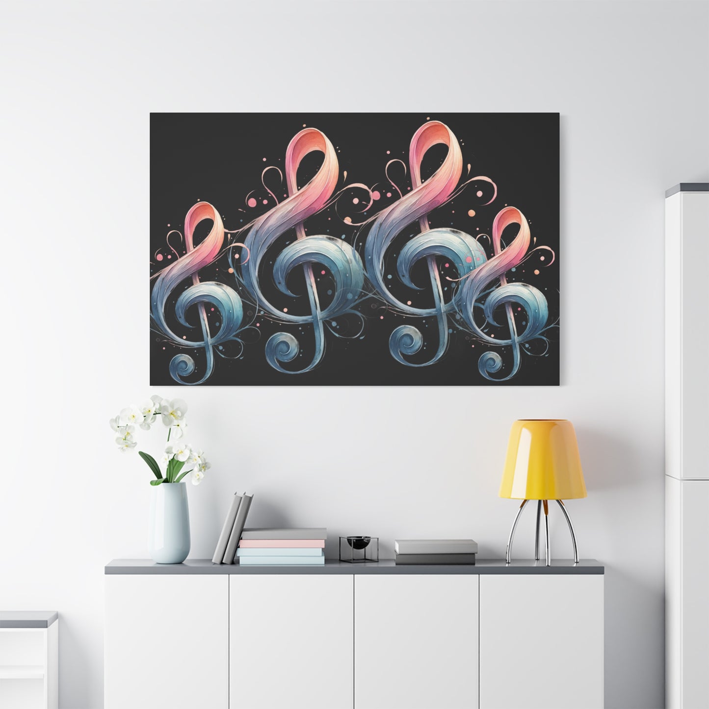 Musical Treble Clef Canvas Wall Art — Pastel Ribbon Notes on Black