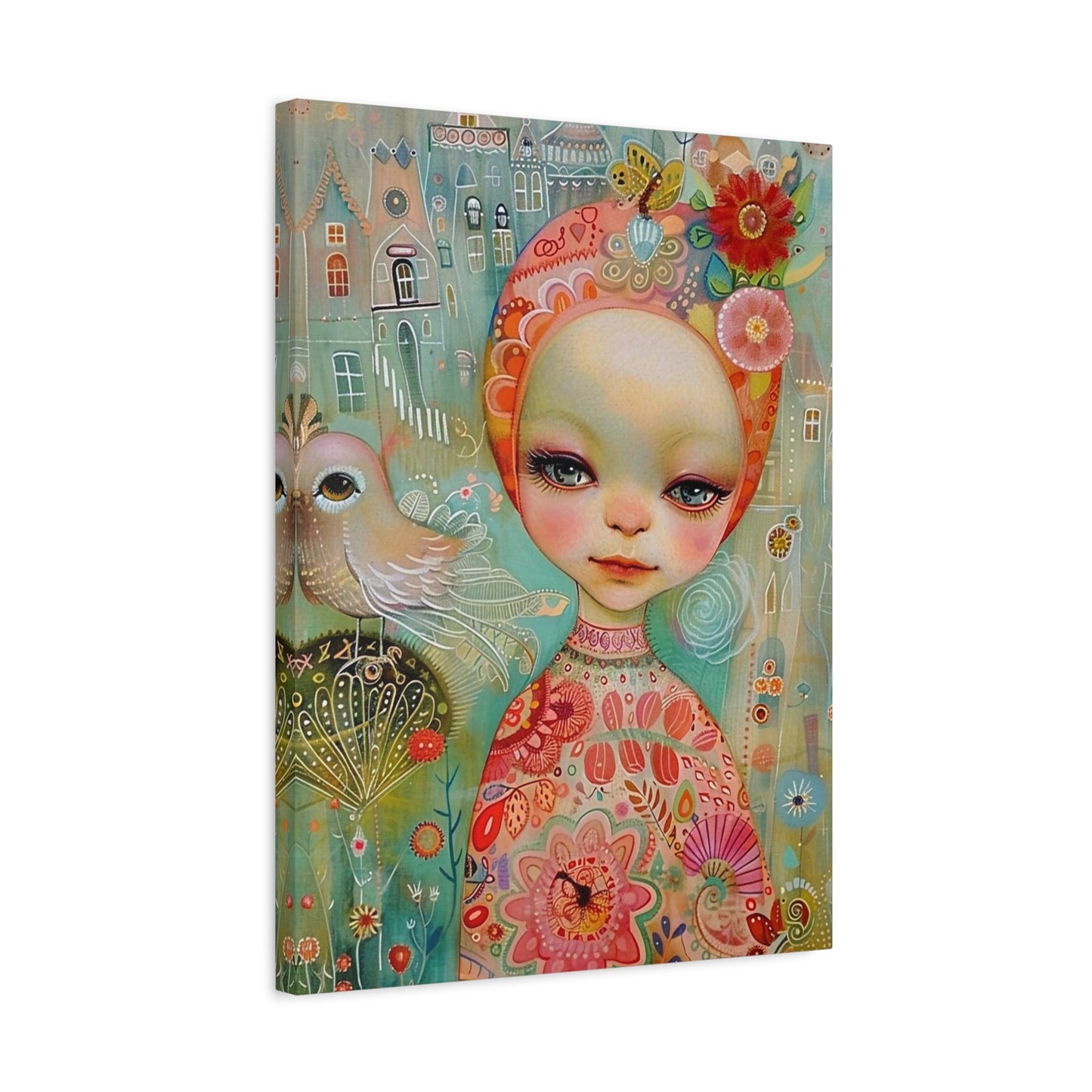 Whimsical Girl & Bird Matte Canvas Wall Art — Stretched Decorative Painting