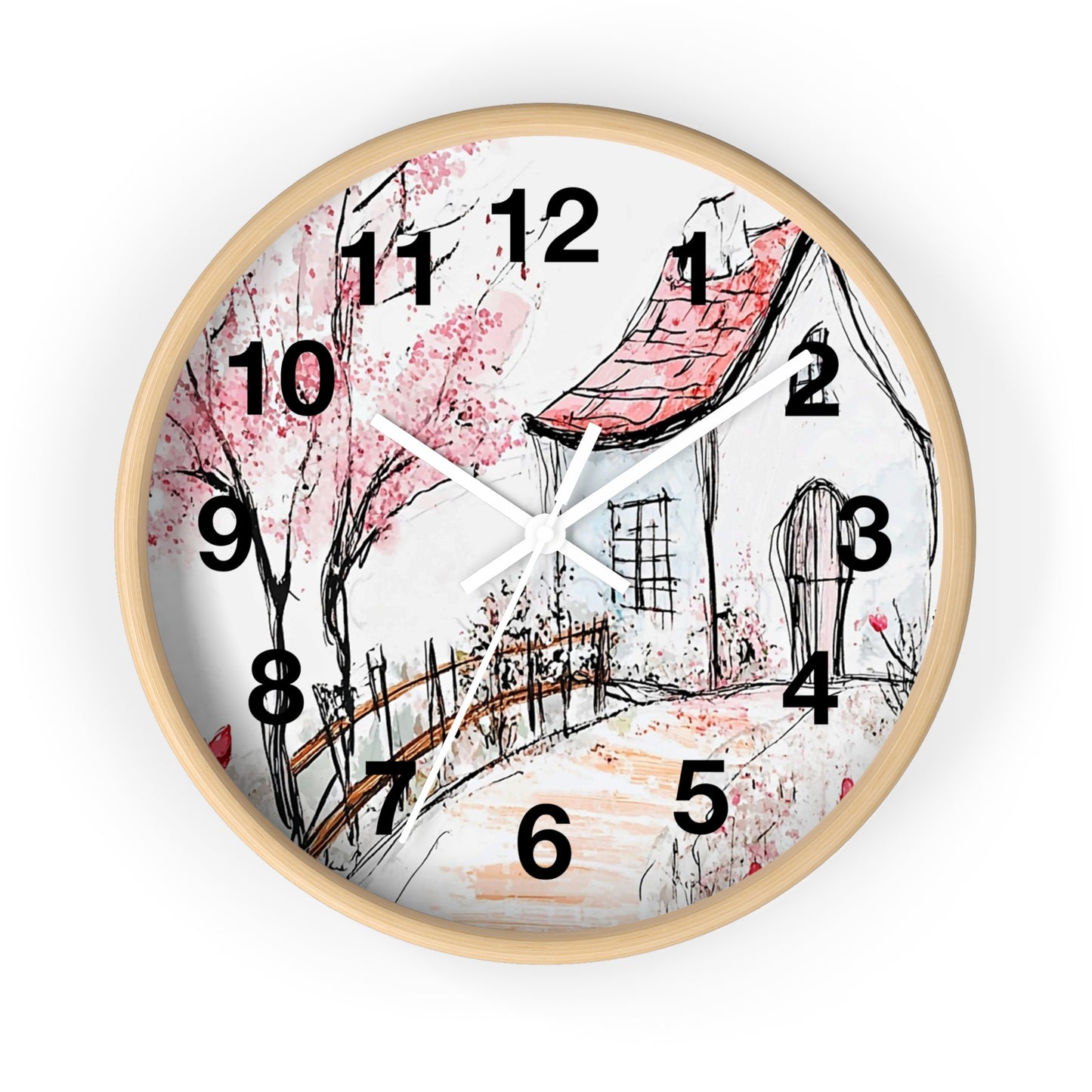 Cottage Garden Wall Clock — Hand-Drawn Pink Blossom Scene