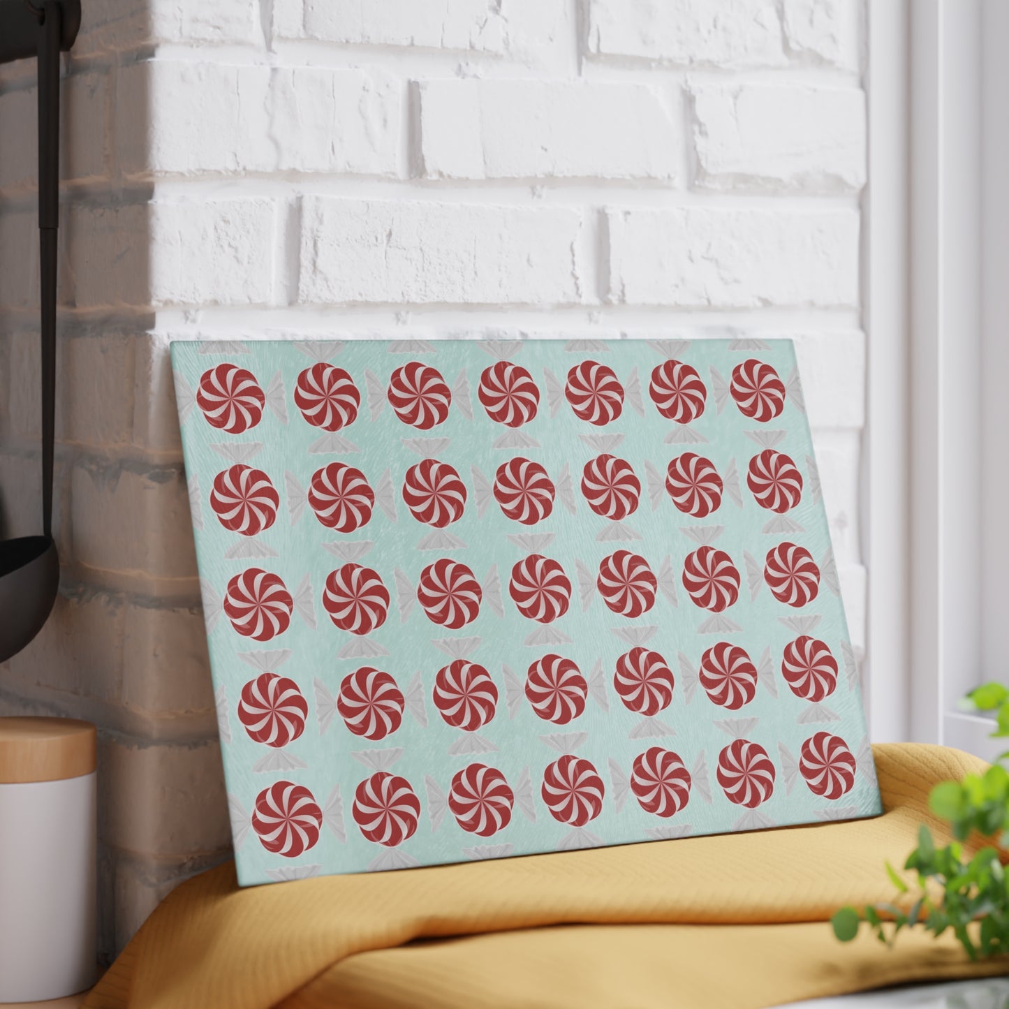 Peppermint Pattern Glass Cutting Board — Festive Candy Kitchen Board