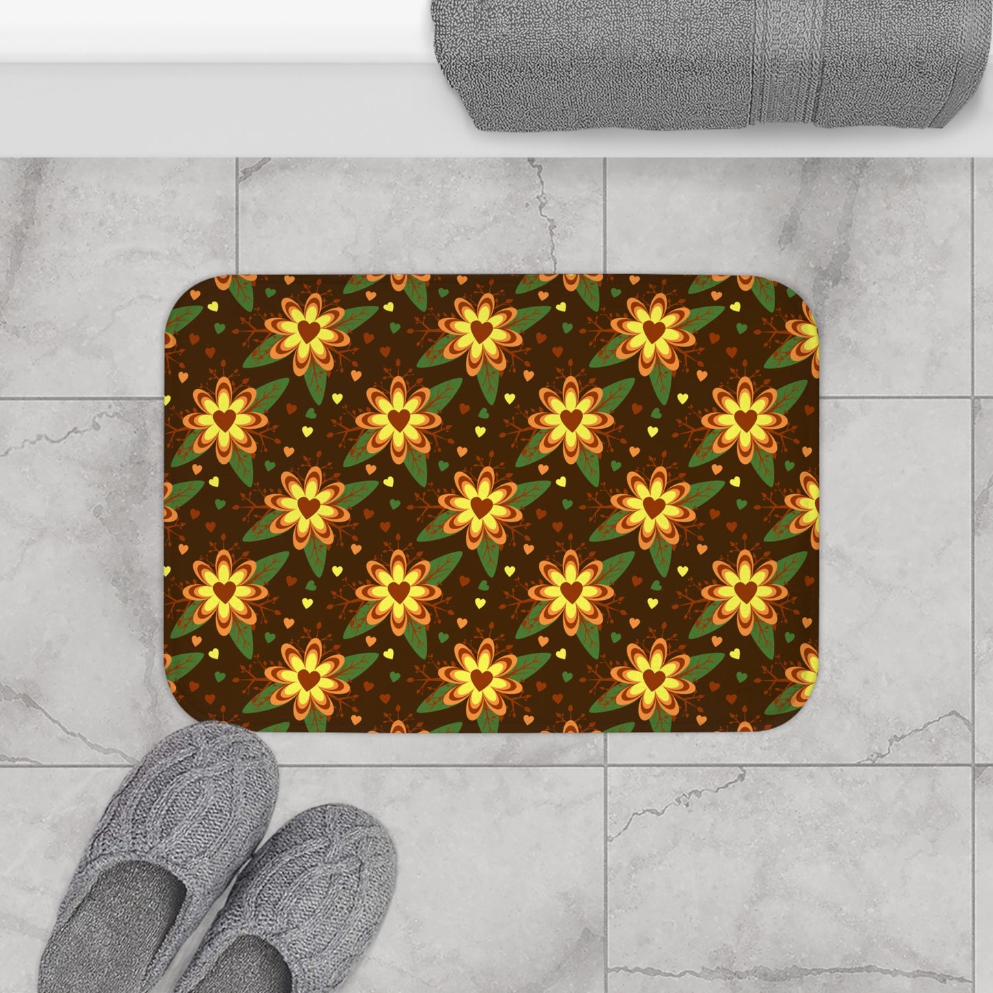Floral Hearts Bath Mat, Boho Bathroom Decor, Cozy Bath Rug, Flower Pattern Mat, Gift for Home