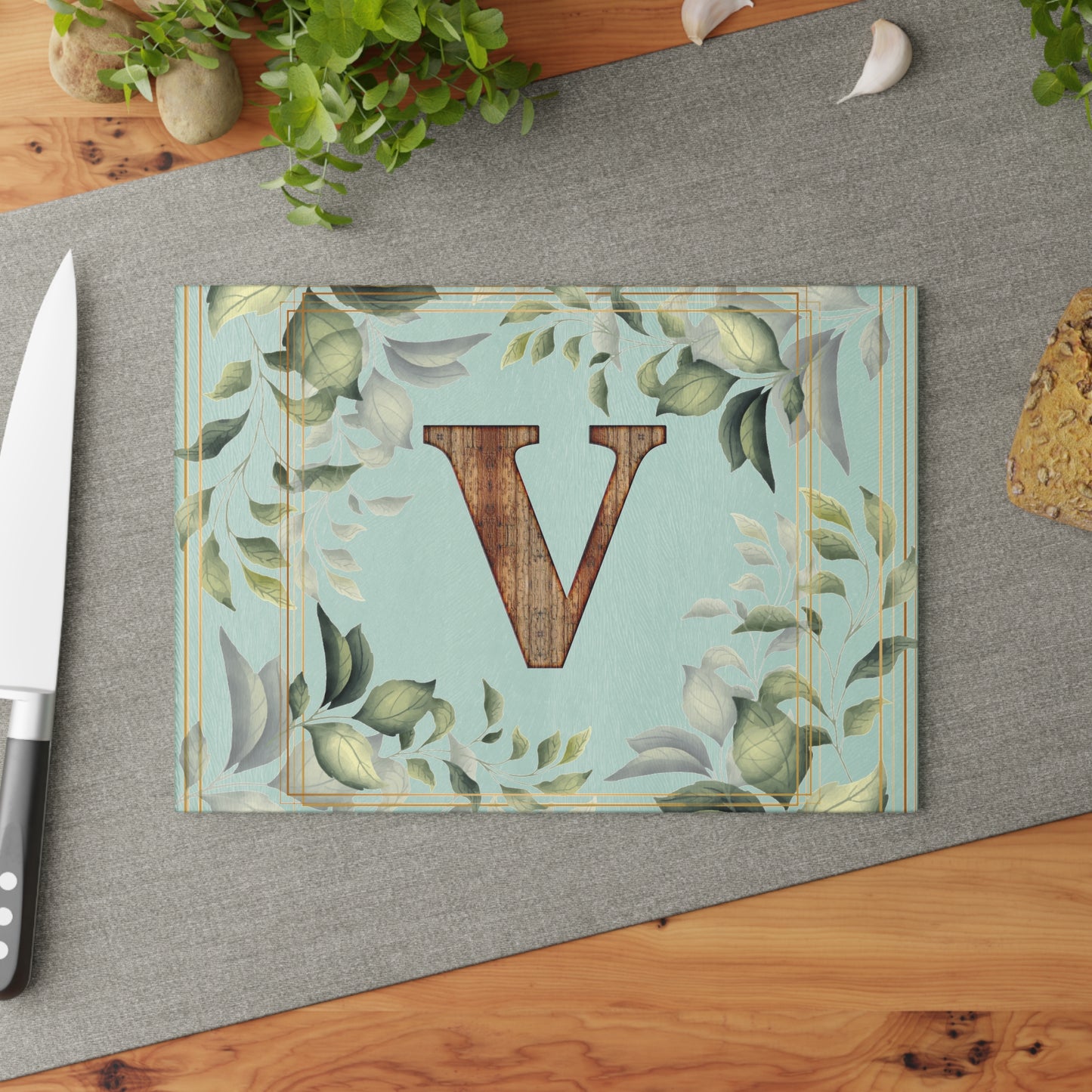 Monogram Glass Cutting Board — Rustic Wood “V” with Greenery Border
