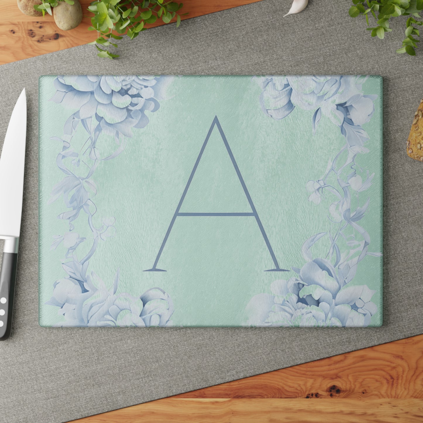 Personalized Floral Monogram Glass Cutting Board, Kitchen Decor, Gift for Her, Wedding Gift, Housewarming Gift, Custom Cutting Board