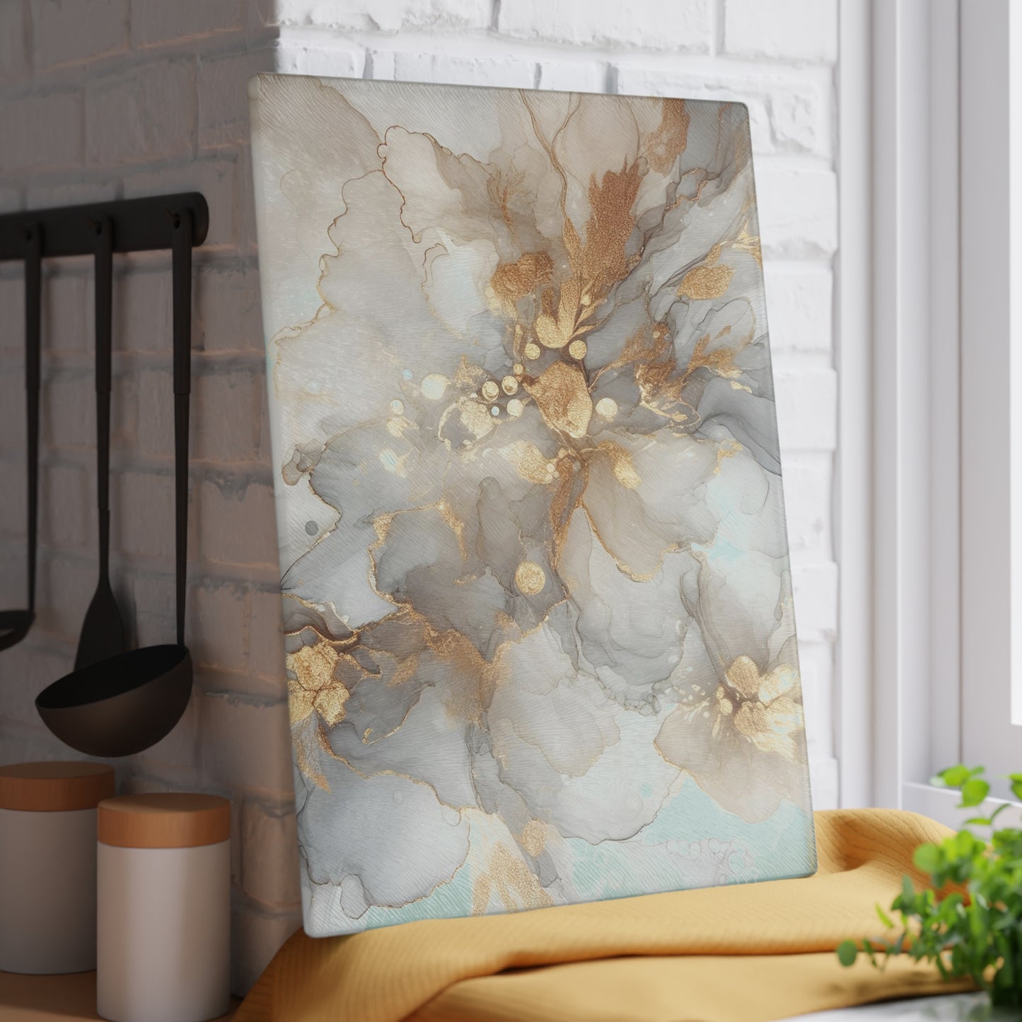 Glass Cutting Board - Elegant Gold & Mint Abstract Floral Tempered Glass Chopping Board
