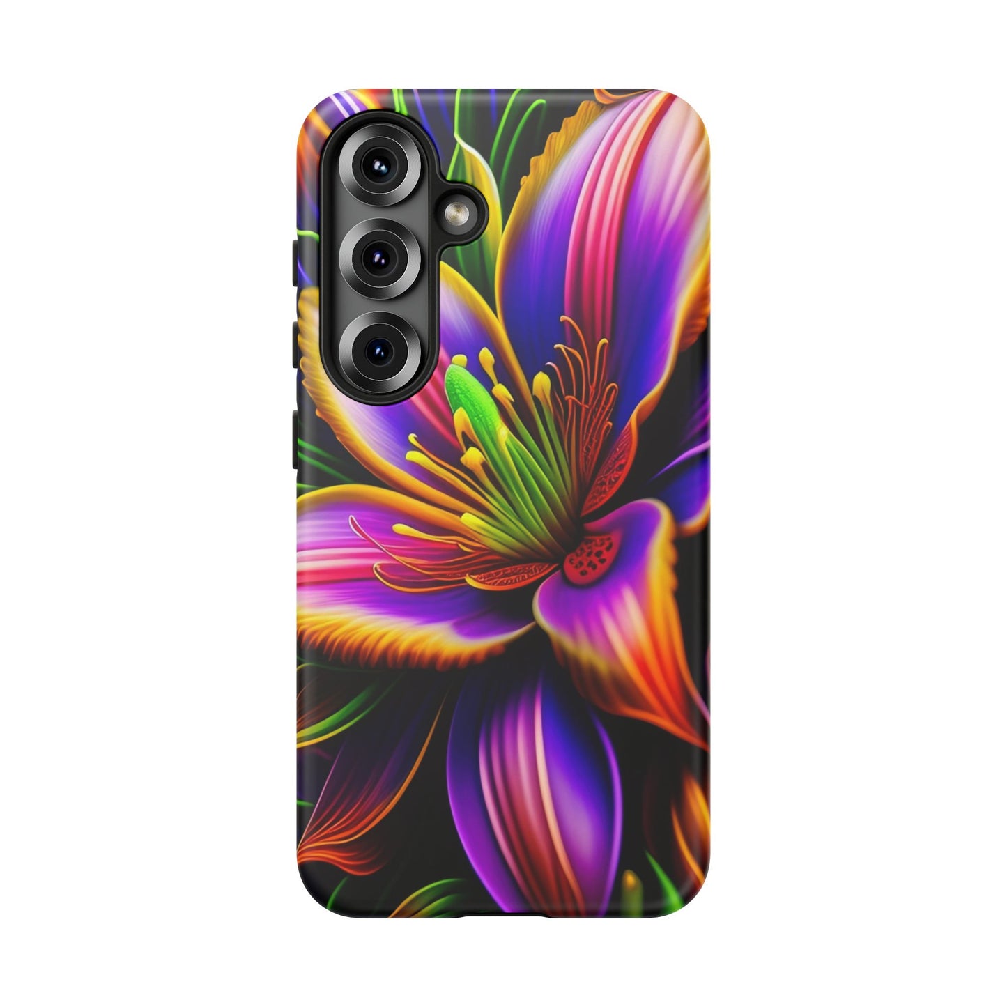 Floral Neon Tough Phone Case — Vivid Purple & Orange Lily Protective Cover