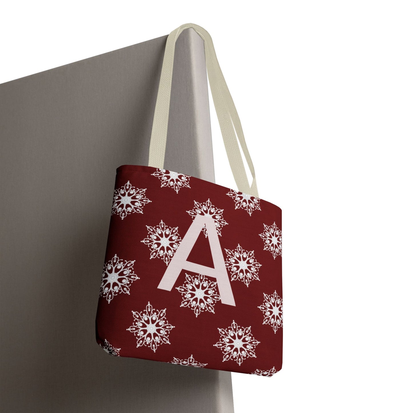 Monogram A Snowflake Tote Bag — Personalized Holiday AOP Tote