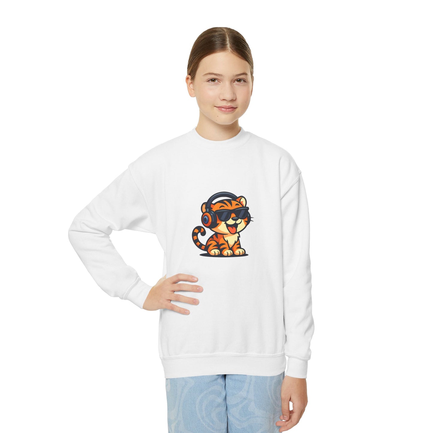 Cool Tiger Youth Crewneck Sweatshirt, Cute Animal Apparel, Teen Style, Gift for Kids, Casual Wear