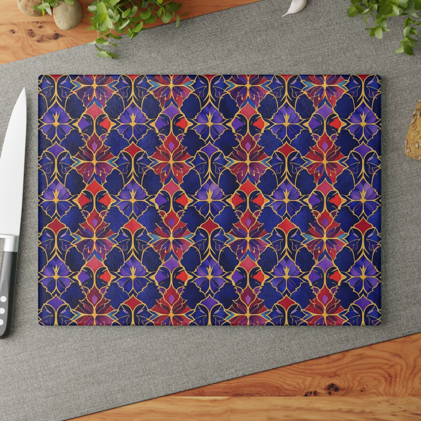 Glass Cutting Board — Vibrant Floral Tile Pattern Decorative Kitchen Board