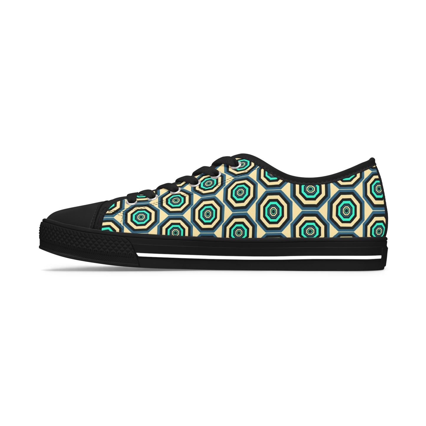 Geometric Retro Hexagon Women's Low Top Sneakers — Green Teal Patterned Canvas Shoes