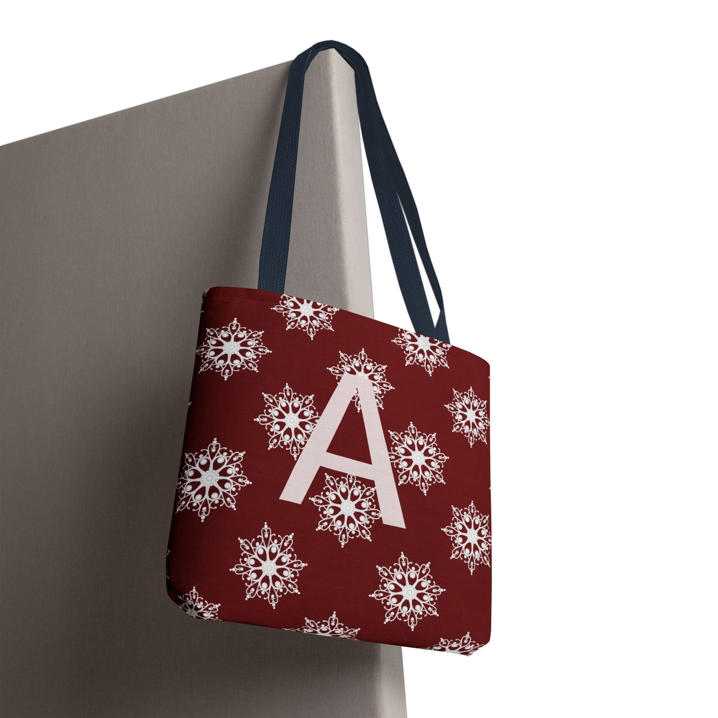 Monogram A Snowflake Tote Bag — Personalized Holiday AOP Tote