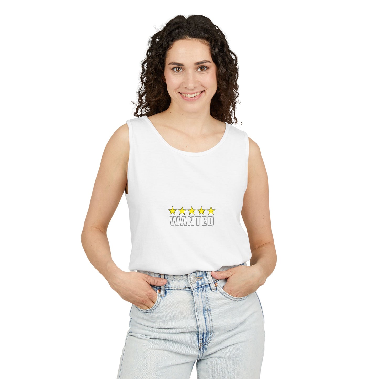 5-Star "WANTED" Garment-Dyed Tank Top, Unisex Summer Shirt, Gift for Him/Her, Trendy Casual Wear, Pool Party Outfit, Unique Graphic Tee