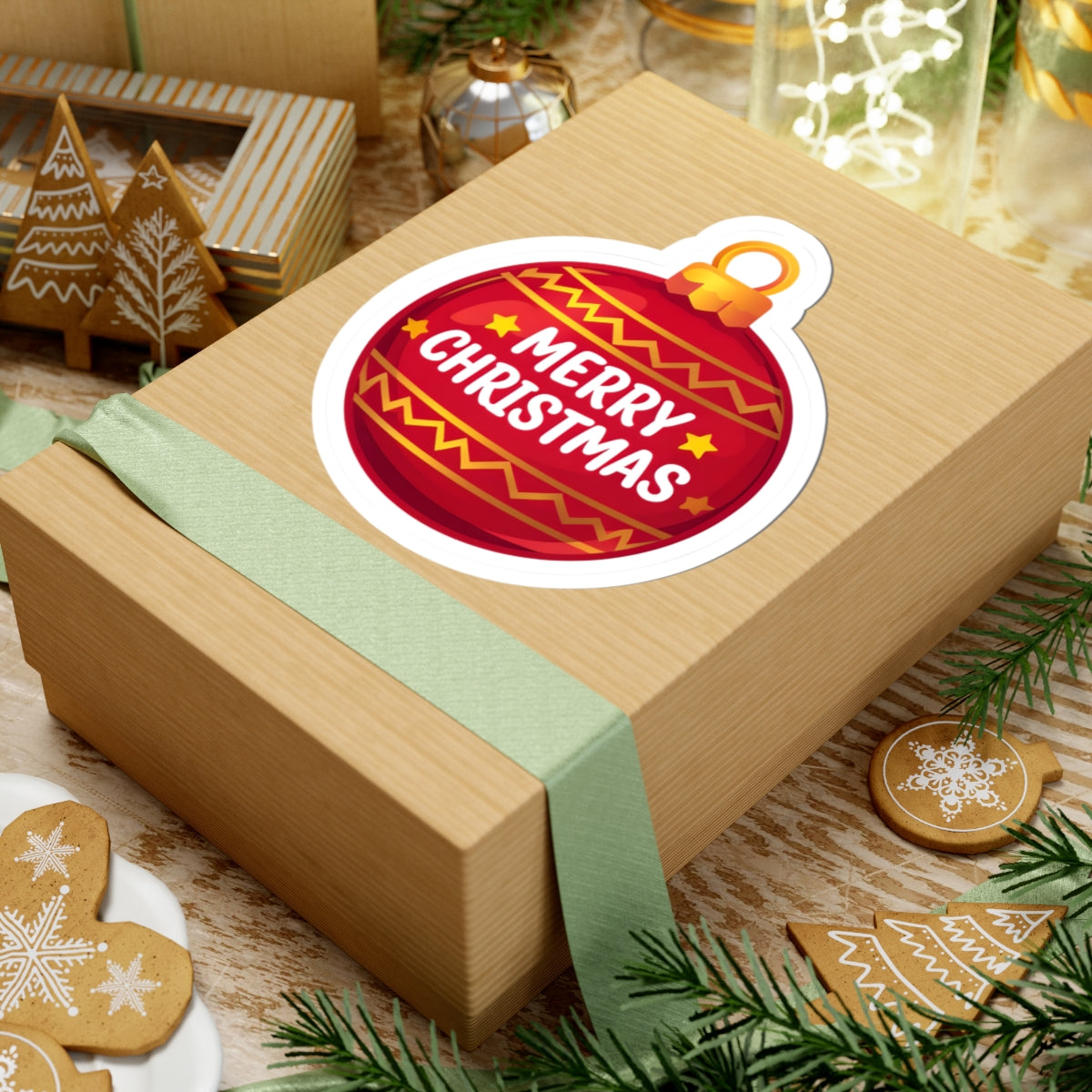 Merry Christmas Ornament Sticker — Red Holiday Kiss-Cut Sticker