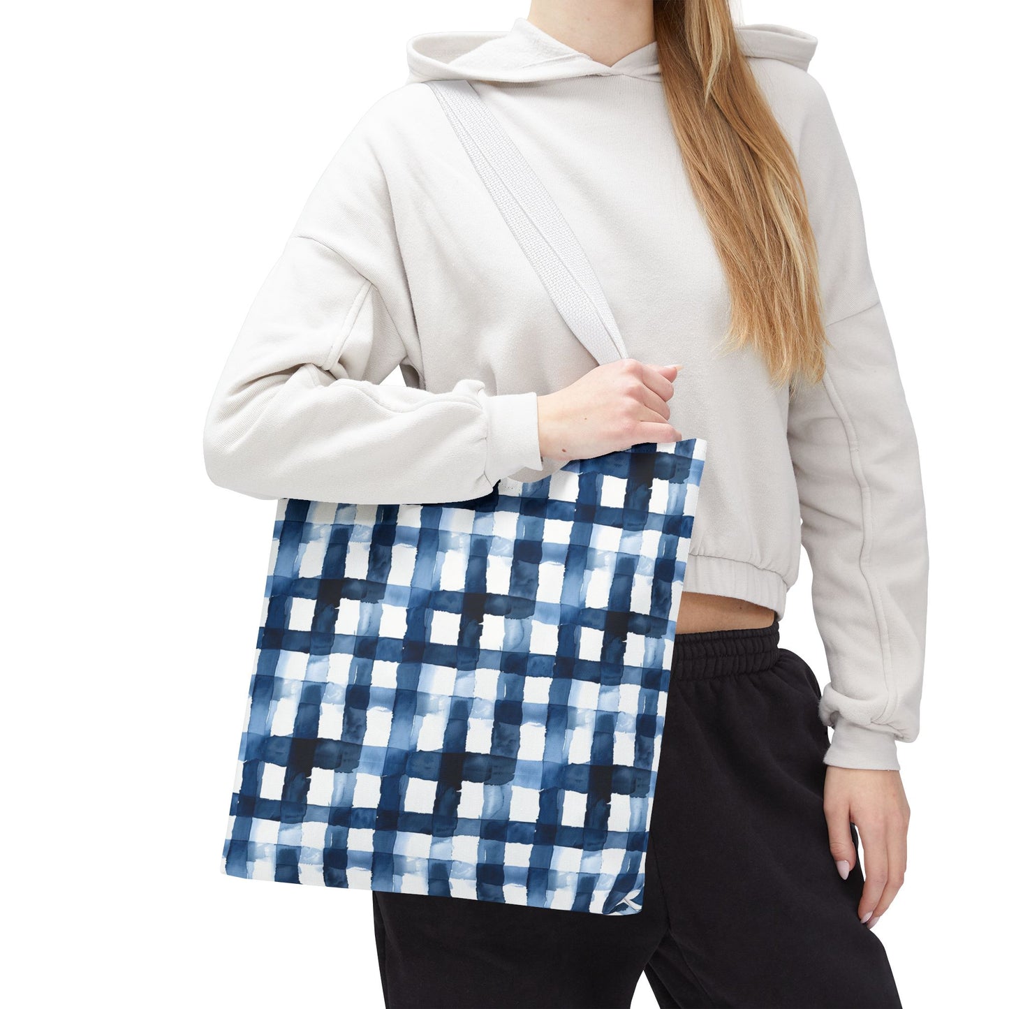 Blue Watercolor Plaid Tote Bag — Navy Check Pattern All-Over Print