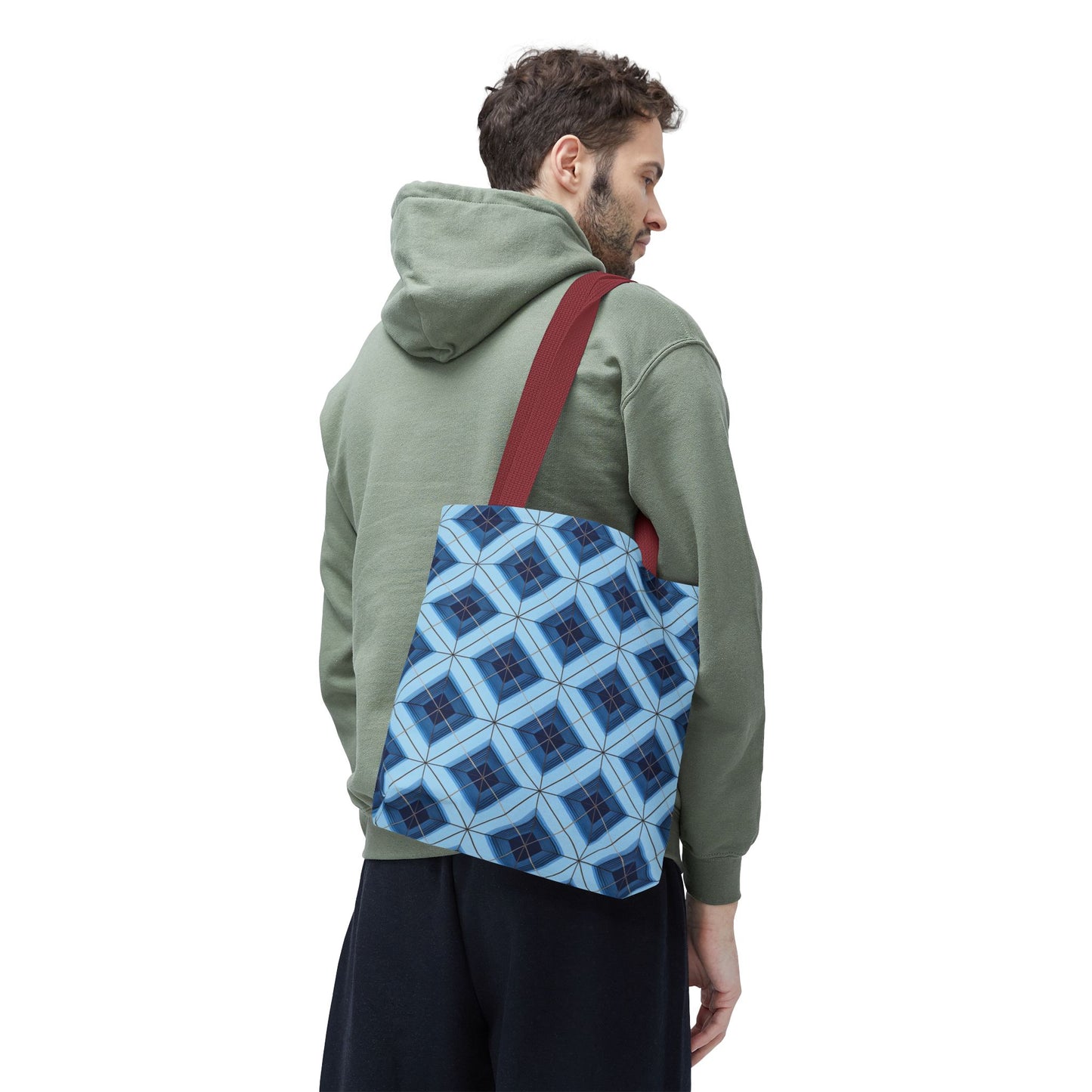 Blue Geometric Tote Bag — Repeating Diamond Pattern AOP