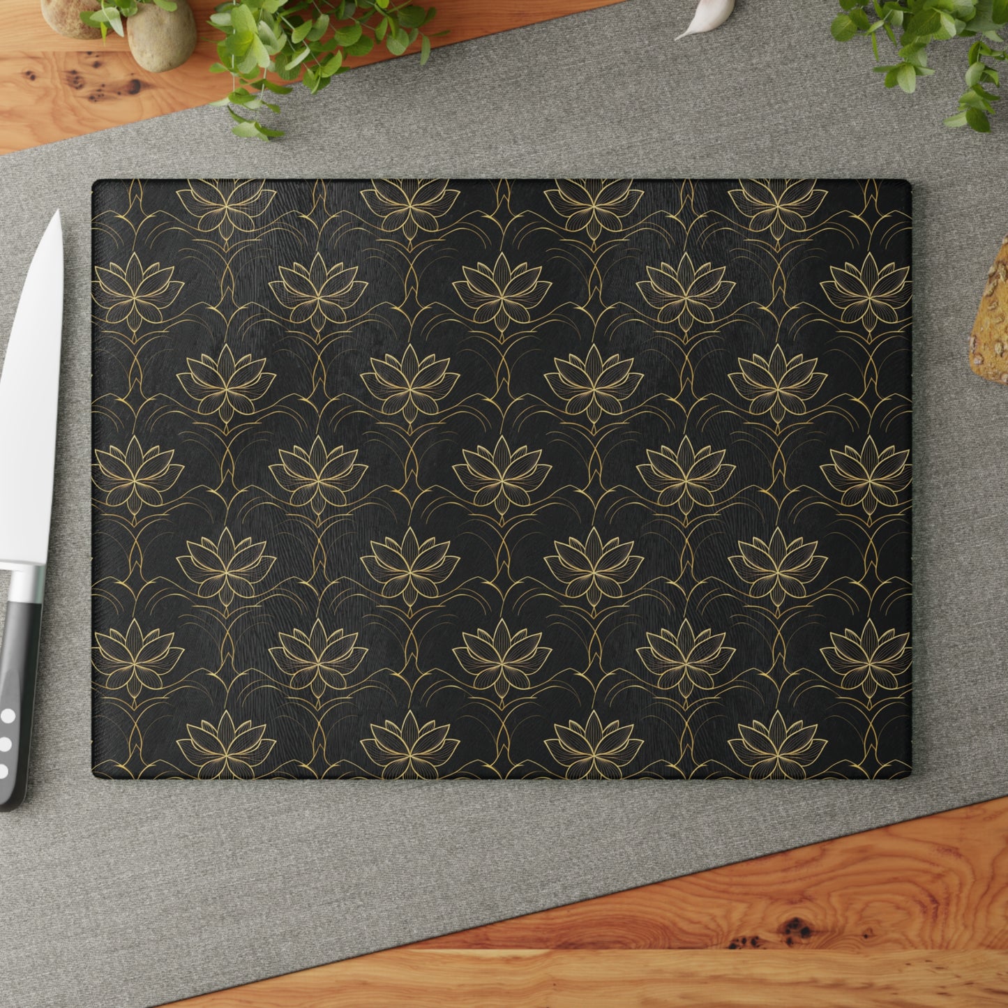 Lotus Pattern Glass Cutting Board — Elegant Black & Gold Kitchen Board