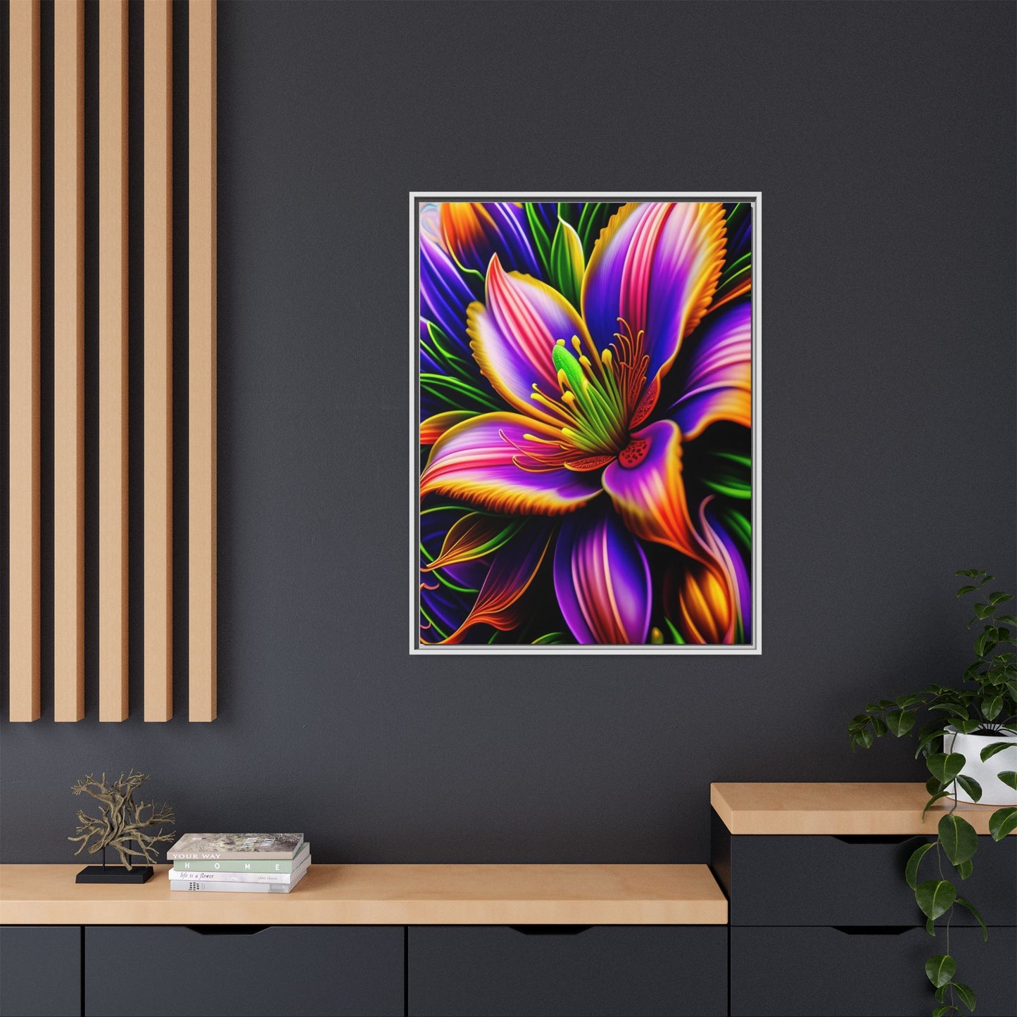 Vibrant Neon Floral Matte Canvas Print — Framed Wall Art