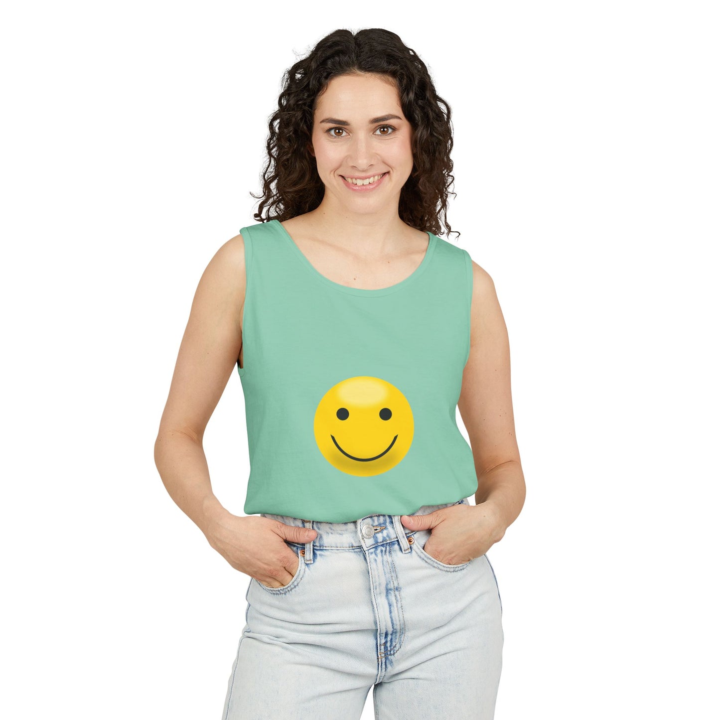 Smiley Face Tank Top, Summer Shirt, Casual Wear, Beach Outing, Gift for Friends, Positive Vibes Apparel