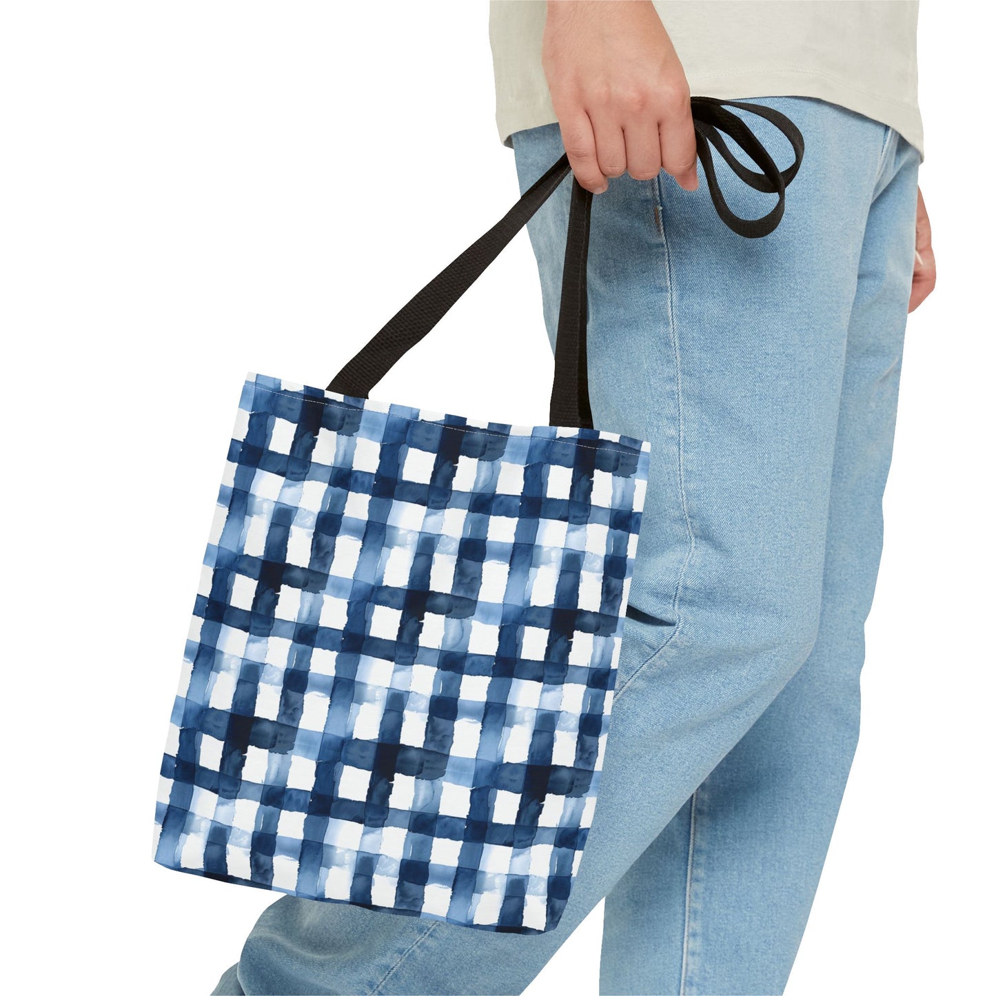 Blue Watercolor Plaid Tote Bag — Navy Check Pattern All-Over Print