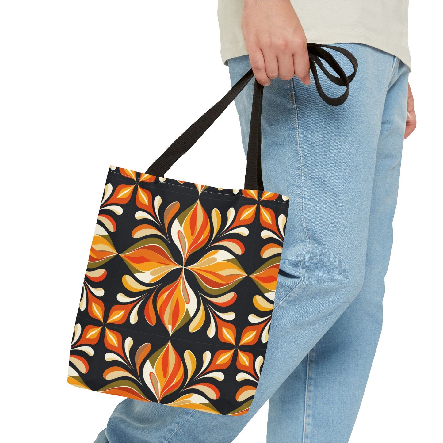 Retro Floral Tote Bag — Orange & Black Boho Pattern