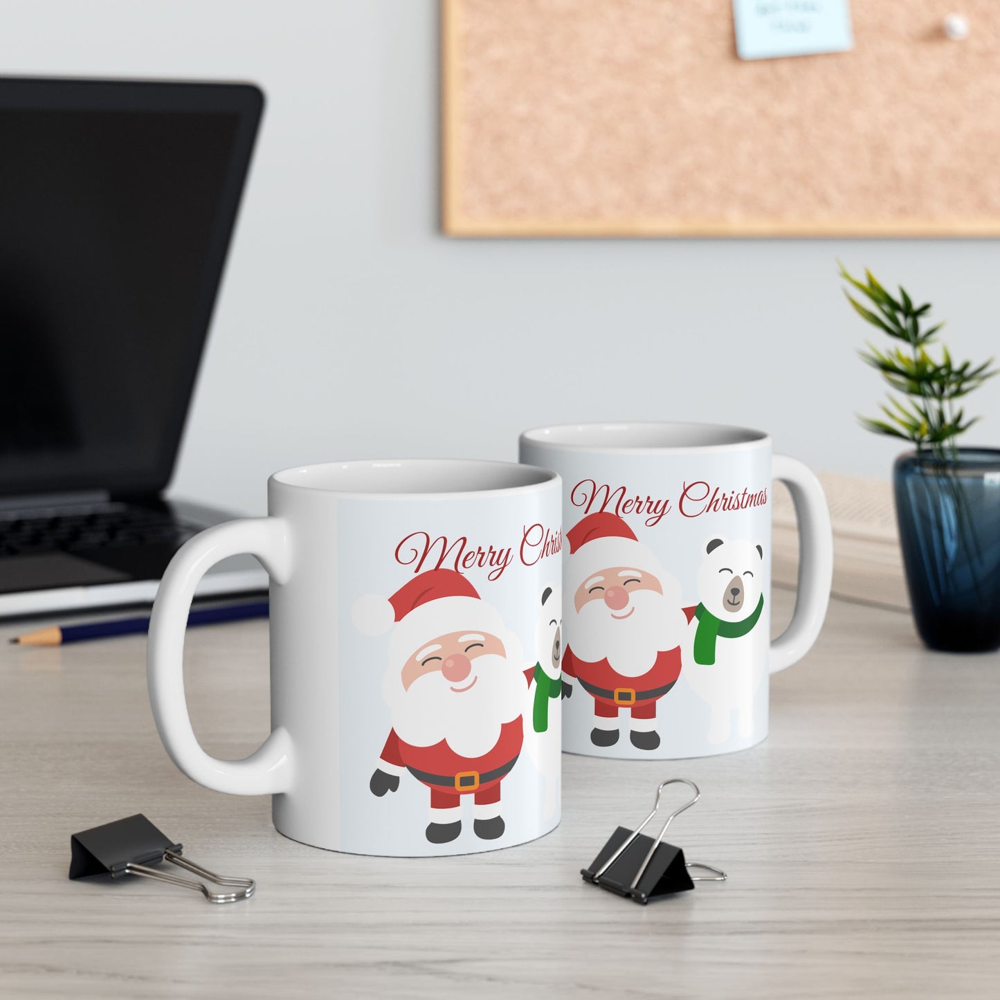 Christmas Santa & Polar Bear Ceramic Mug (11oz/15oz) — "Merry Christmas" Holiday Coffee Cup