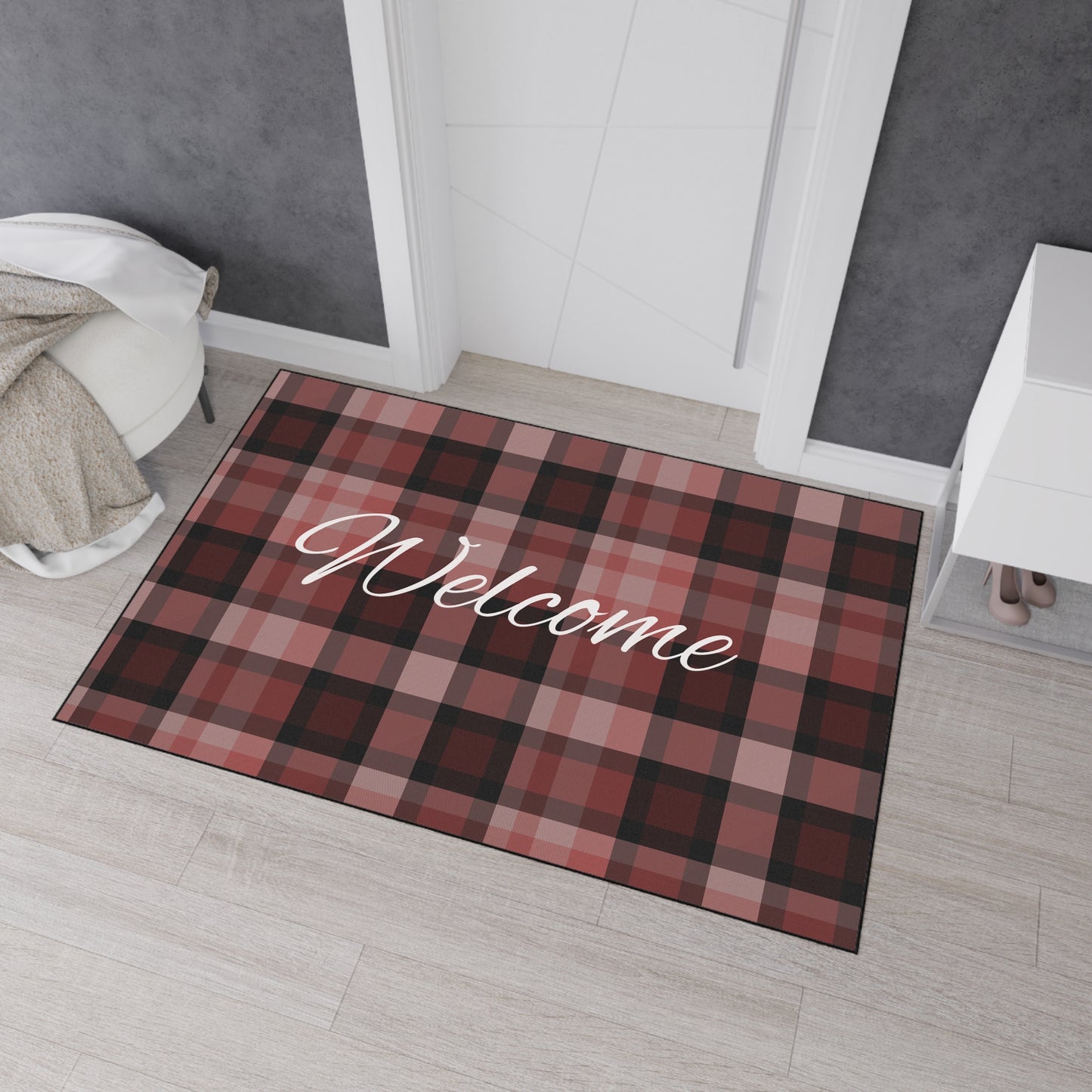 Welcome Plaid Heavy-Duty Floor Mat — Red Buffalo Check Doormat