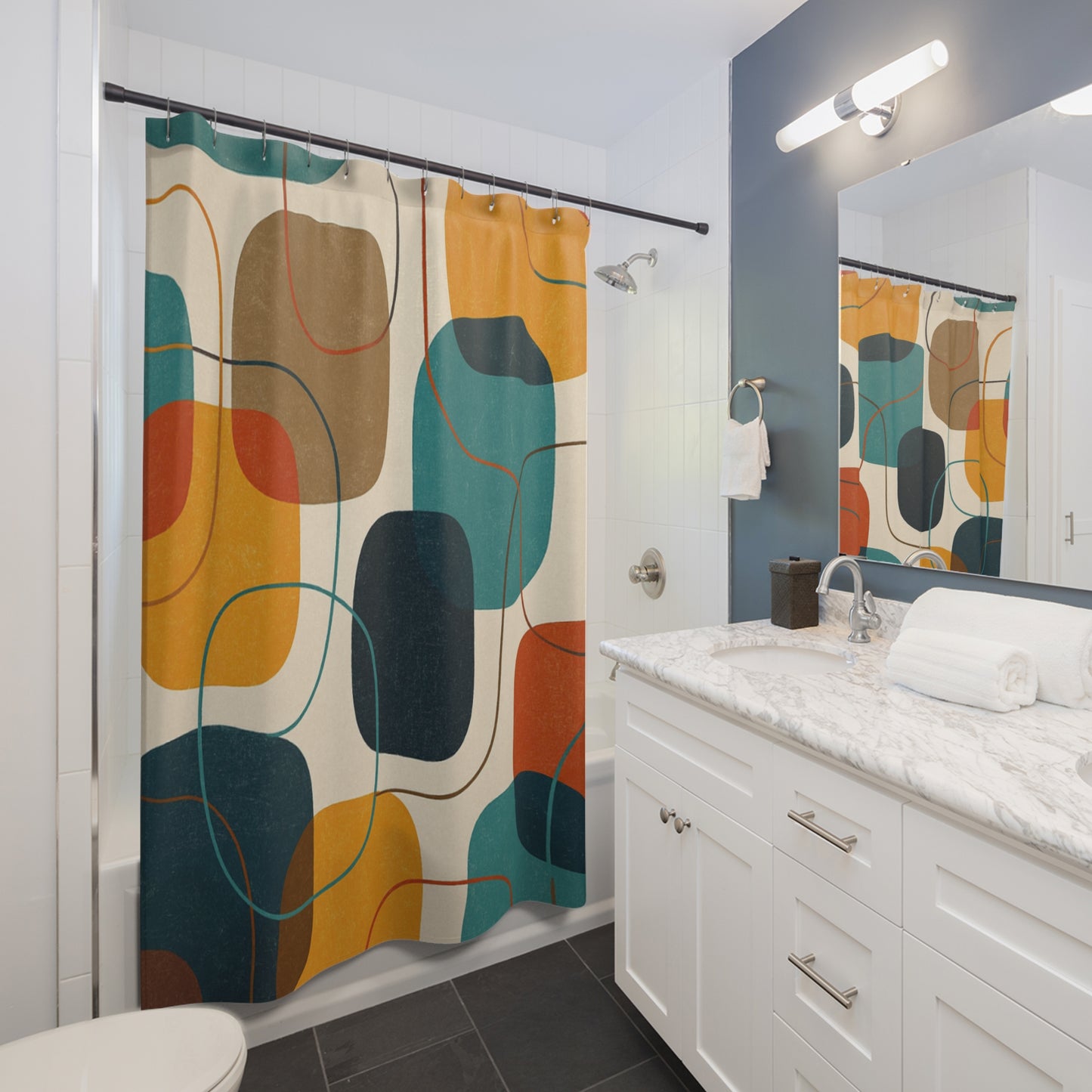 Mid-Century Abstract Shower Curtain — Retro Geometric Bathroom Decor