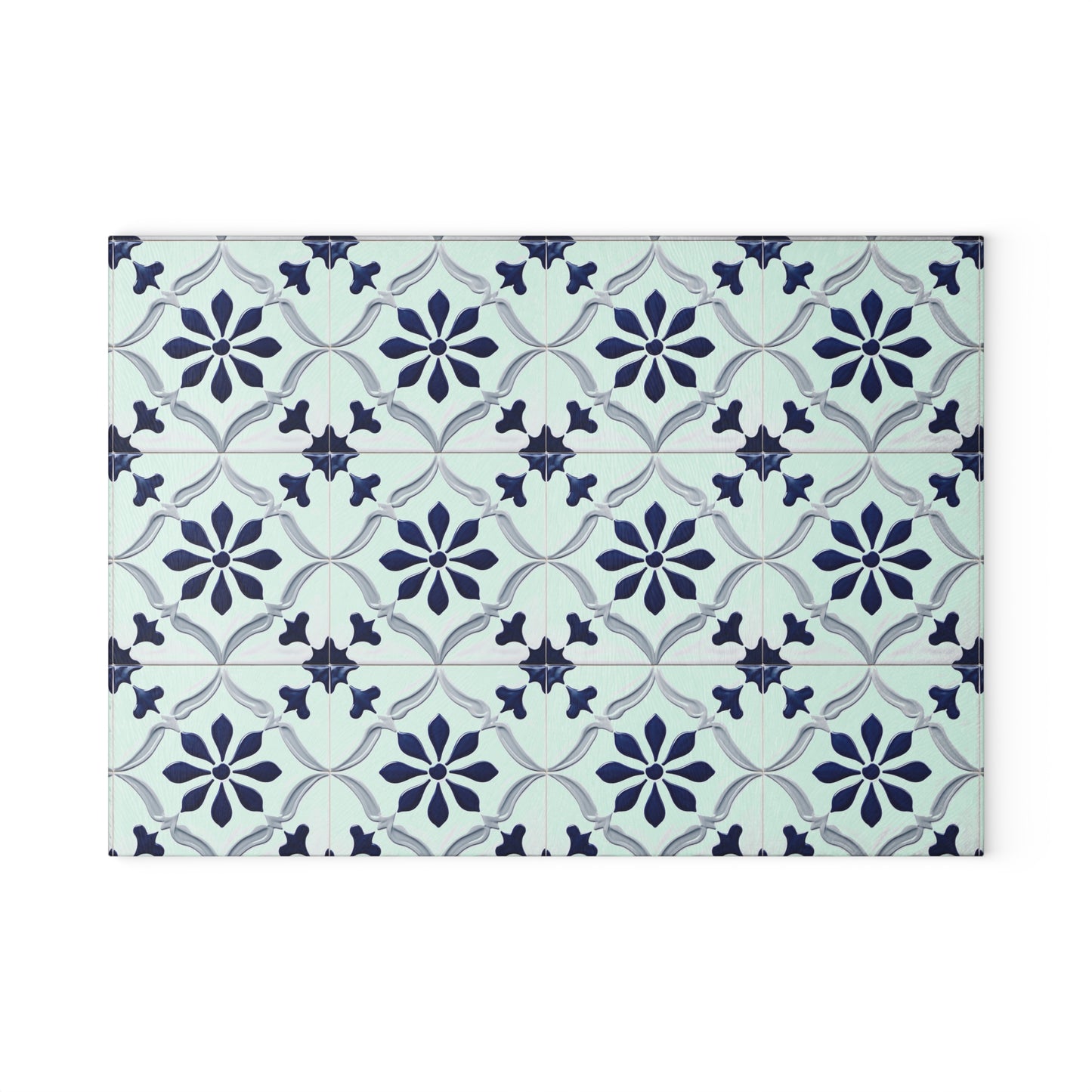 Floral Tile Glass Cutting Board — Blue Patterned Kitchen Trivet