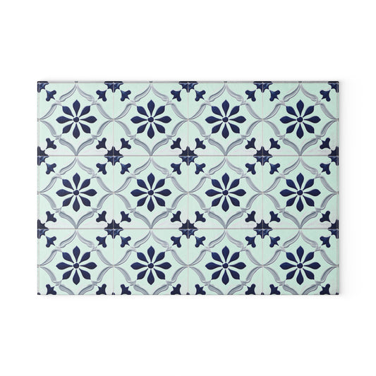 Floral Tile Glass Cutting Board — Blue Patterned Kitchen Trivet
