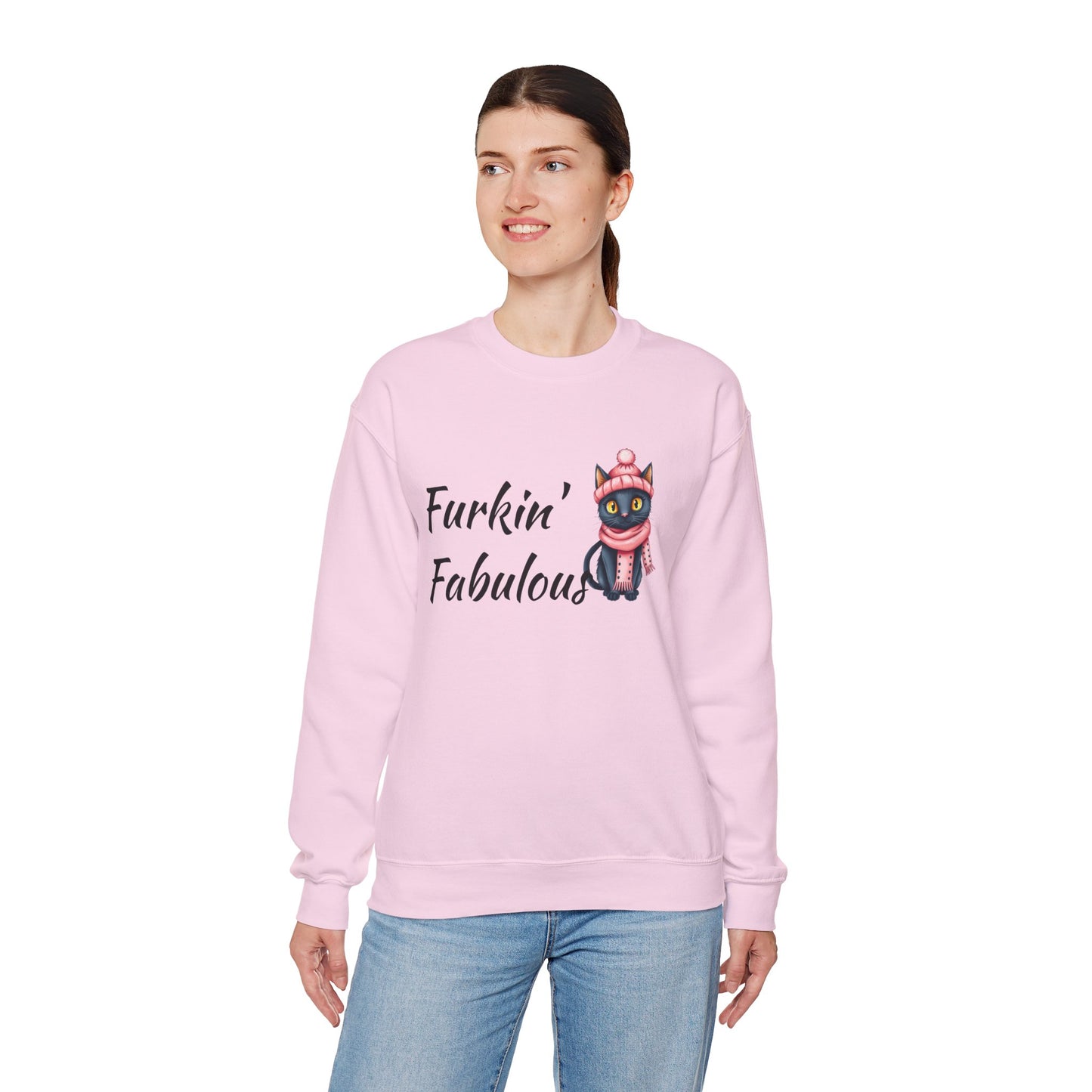 Crewneck Sweatshirt — "Furkin' Fabulous" Cute Black Cat in Pink Hat & Scarf