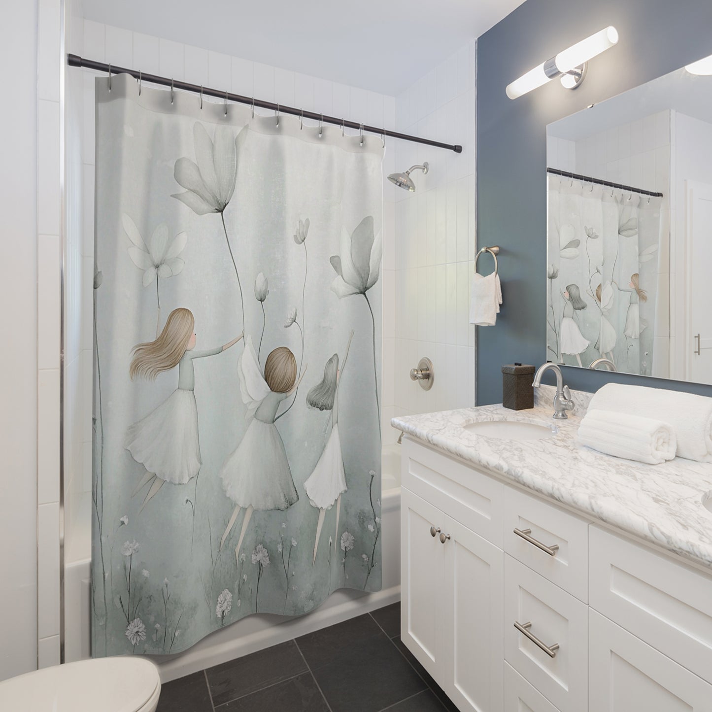 Ethereal Flower Dance Shower Curtain — Whimsical Girls in Pastel Floral Bathroom Decor