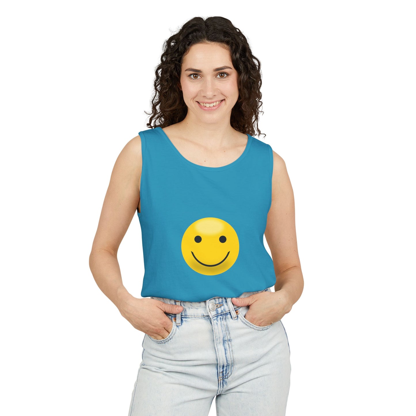 Smiley Face Tank Top, Summer Shirt, Casual Wear, Beach Outing, Gift for Friends, Positive Vibes Apparel