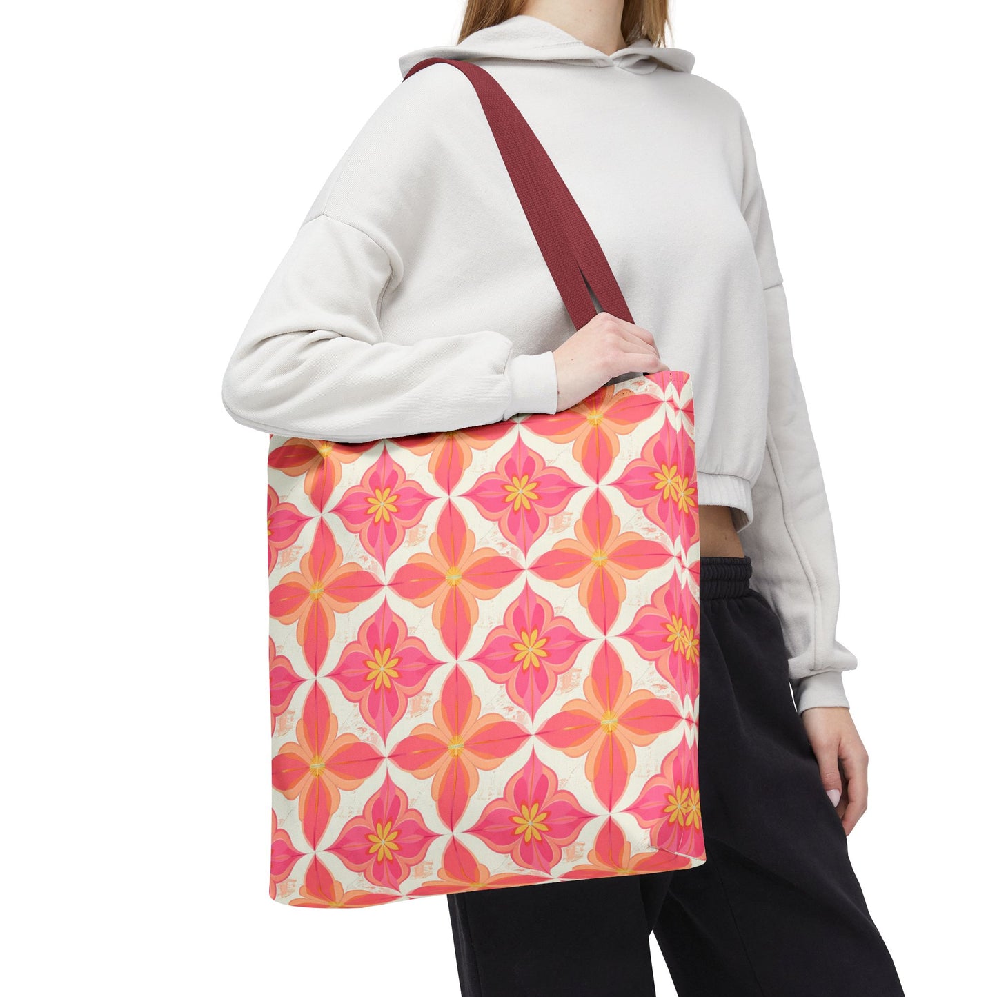 Pink Floral Geometric Tote Bag — All-Over Print Reusable Shopper