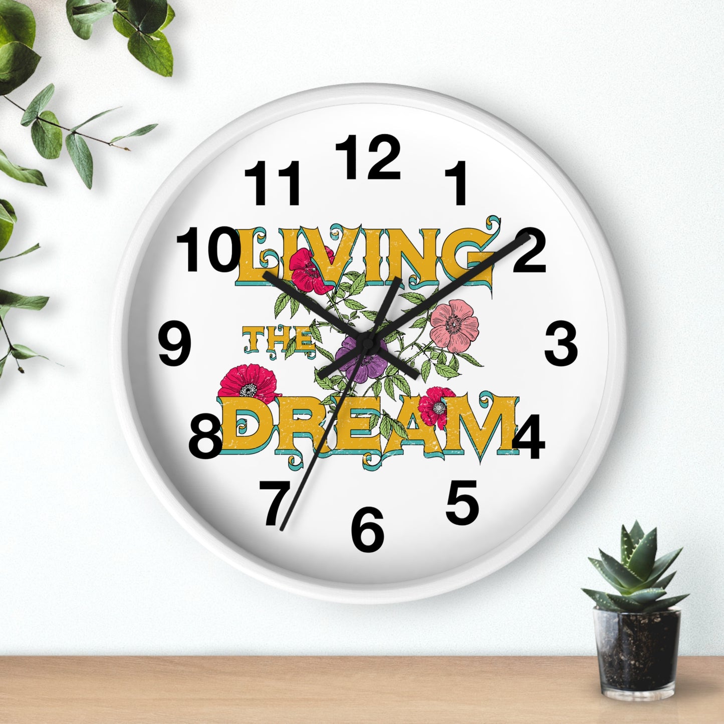 Living the Dream Floral Wall Clock, Boho Home Decor, Motivational Gift, Office Clock, Unique Wall Art