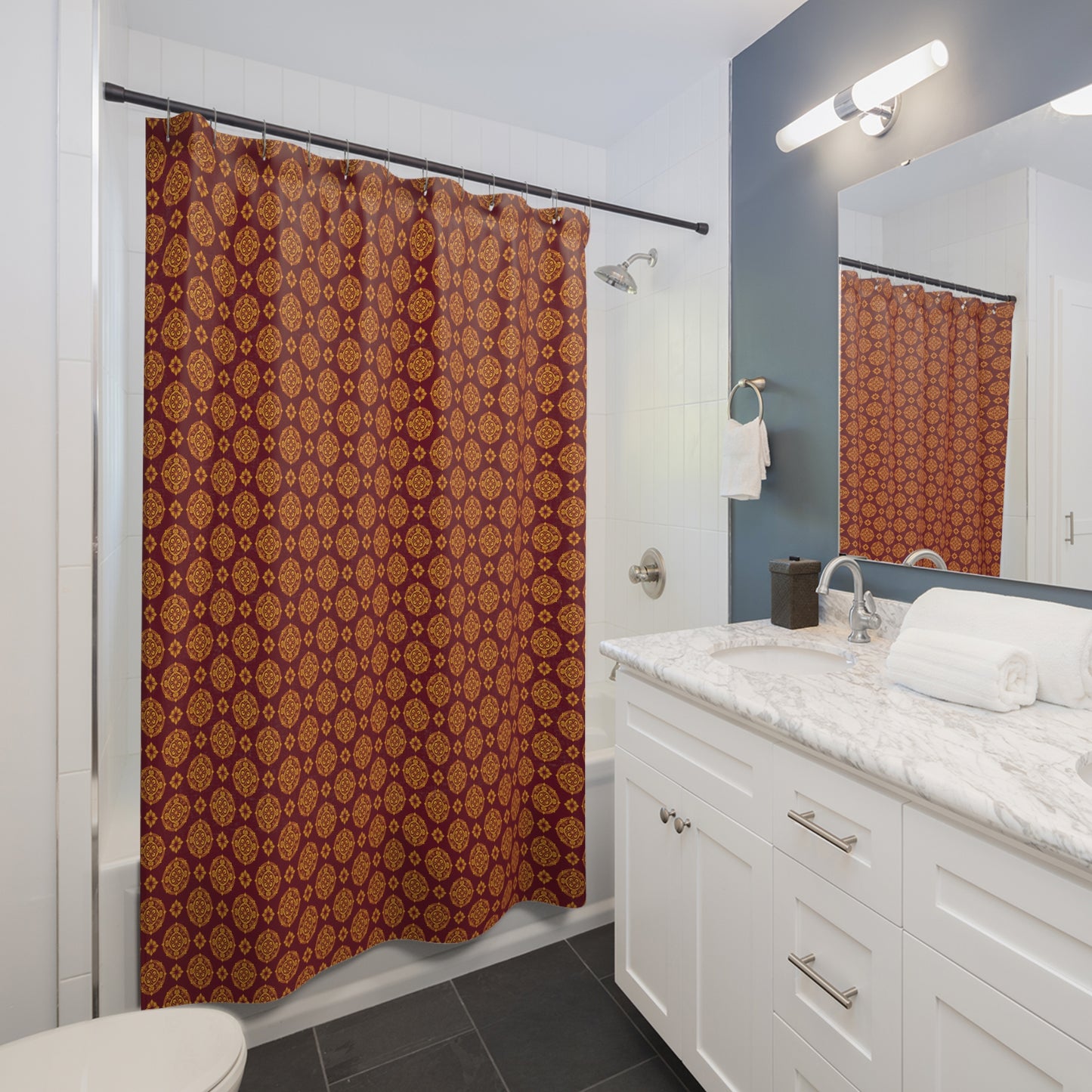 Moroccan Tile Pattern Shower Curtain — Red & Gold Bohemian Bathroom Decor