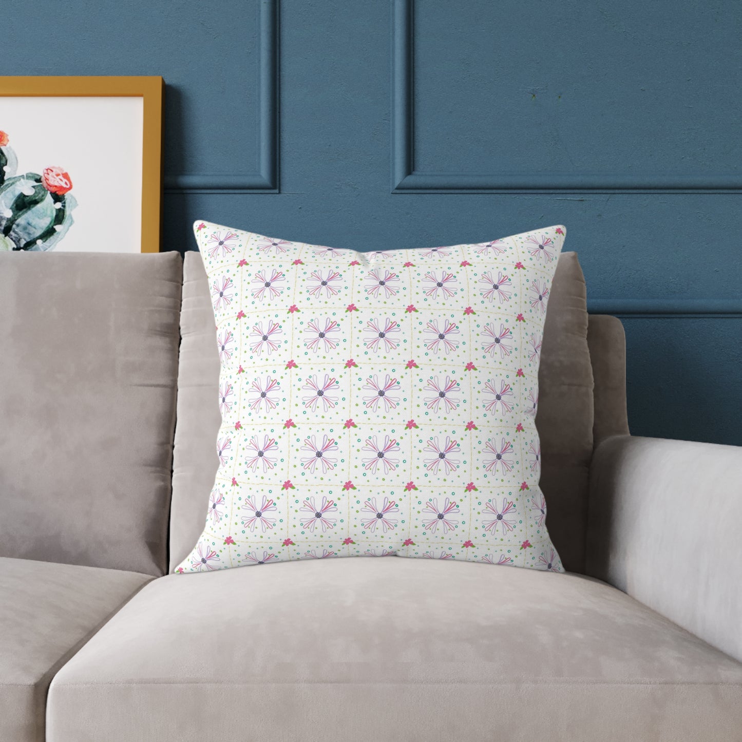 Floral Geometric Square Pillow – Pink & Lavender Patterned Throw Cushion