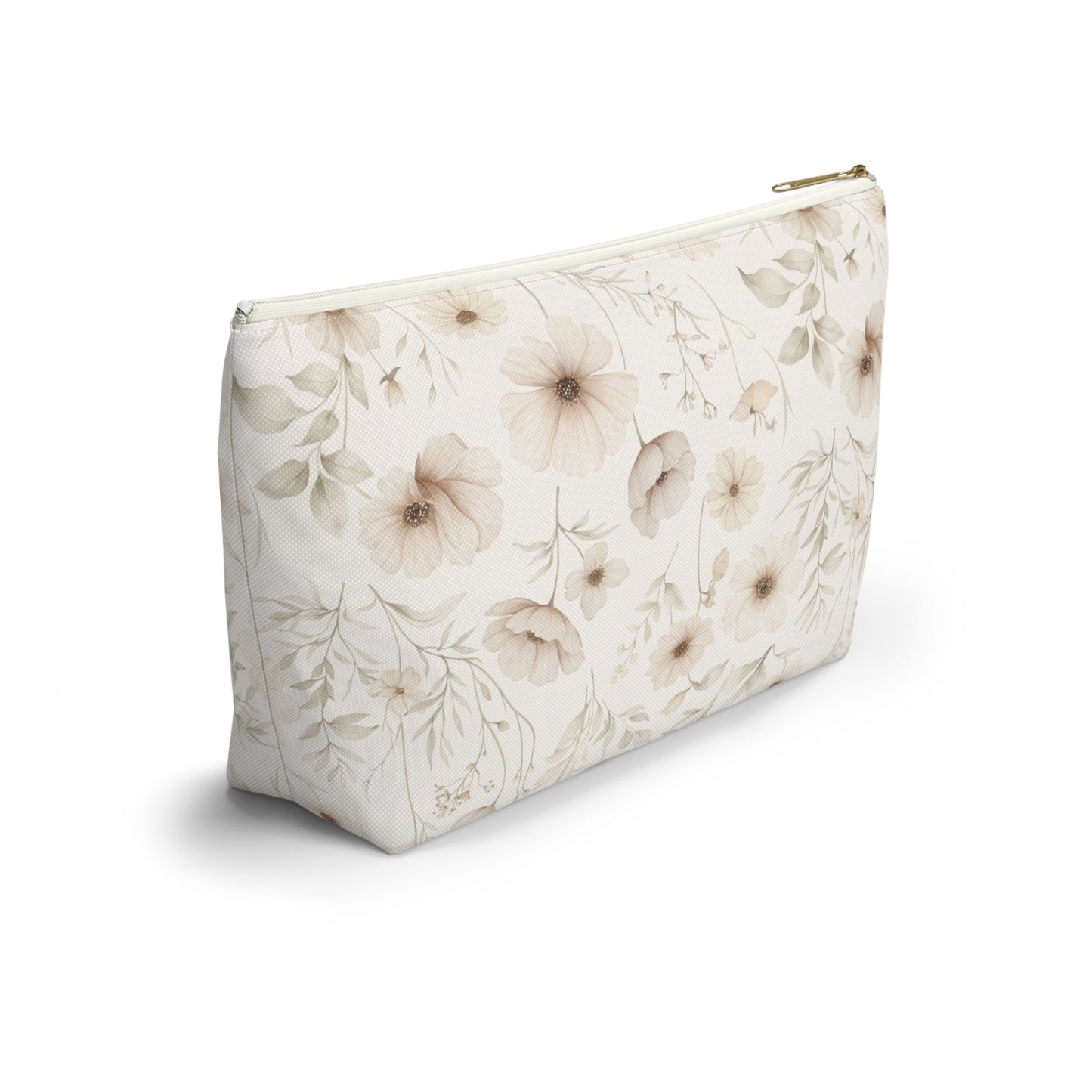 Floral Toile Accessory Pouch — Neutral Vintage Flower Cosmetic Bag