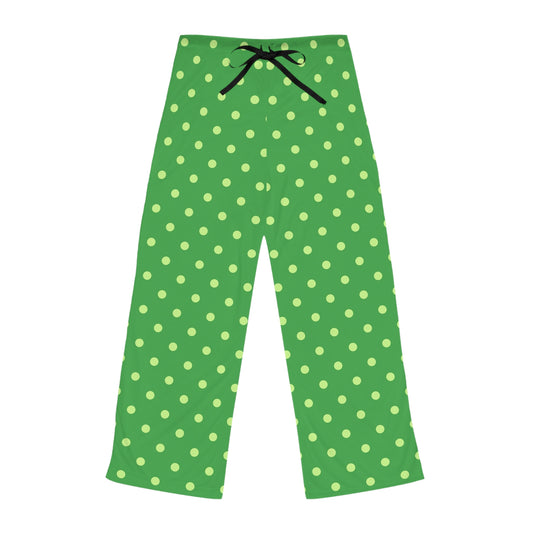 Bright Green Polka Dot Pajama Pants for Women, Cozy Lounge Wear