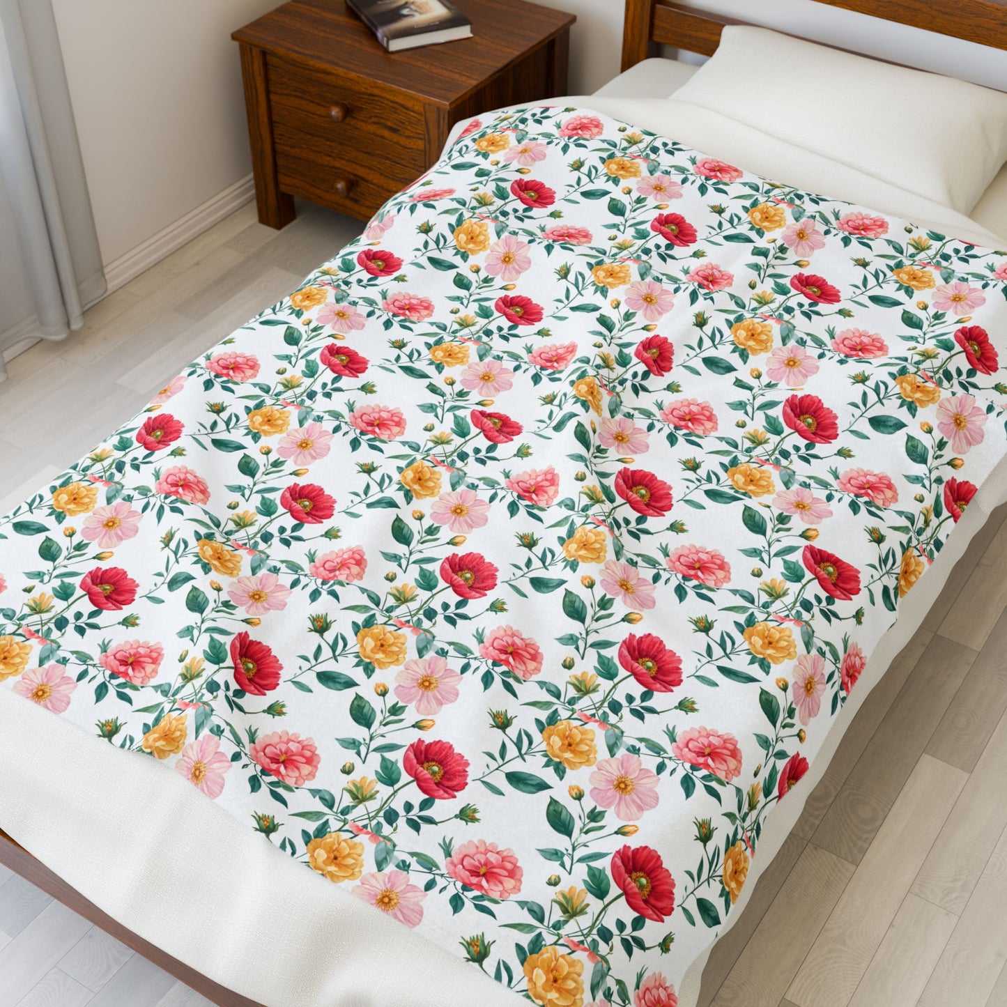 Floral Velveteen Plush Blanket — Pink & Yellow Rose Pattern